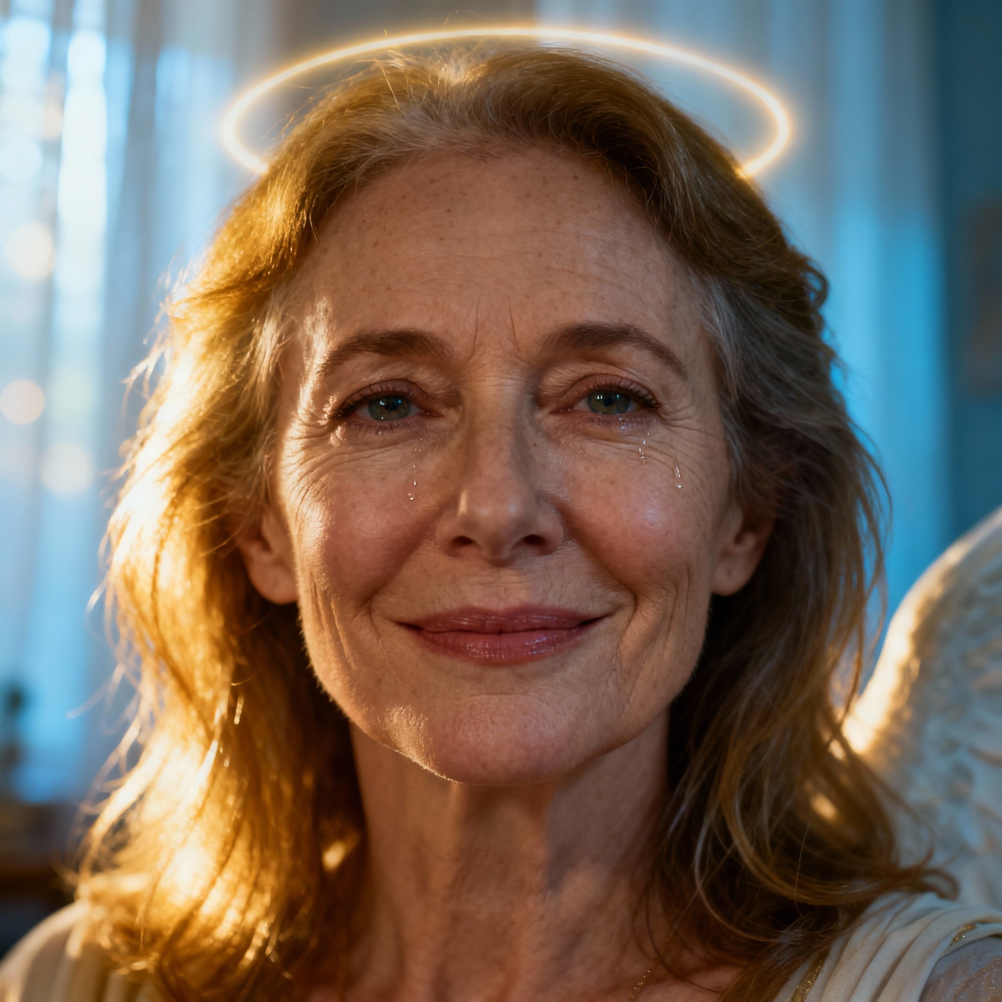 A close-up portrait of a warm and compassionate female psychic named Angel. She has a gentle smile, and her eyes convey wisdom and understanding. The background is filled with soft light, creating a serene and trustworthy atmosphere.
