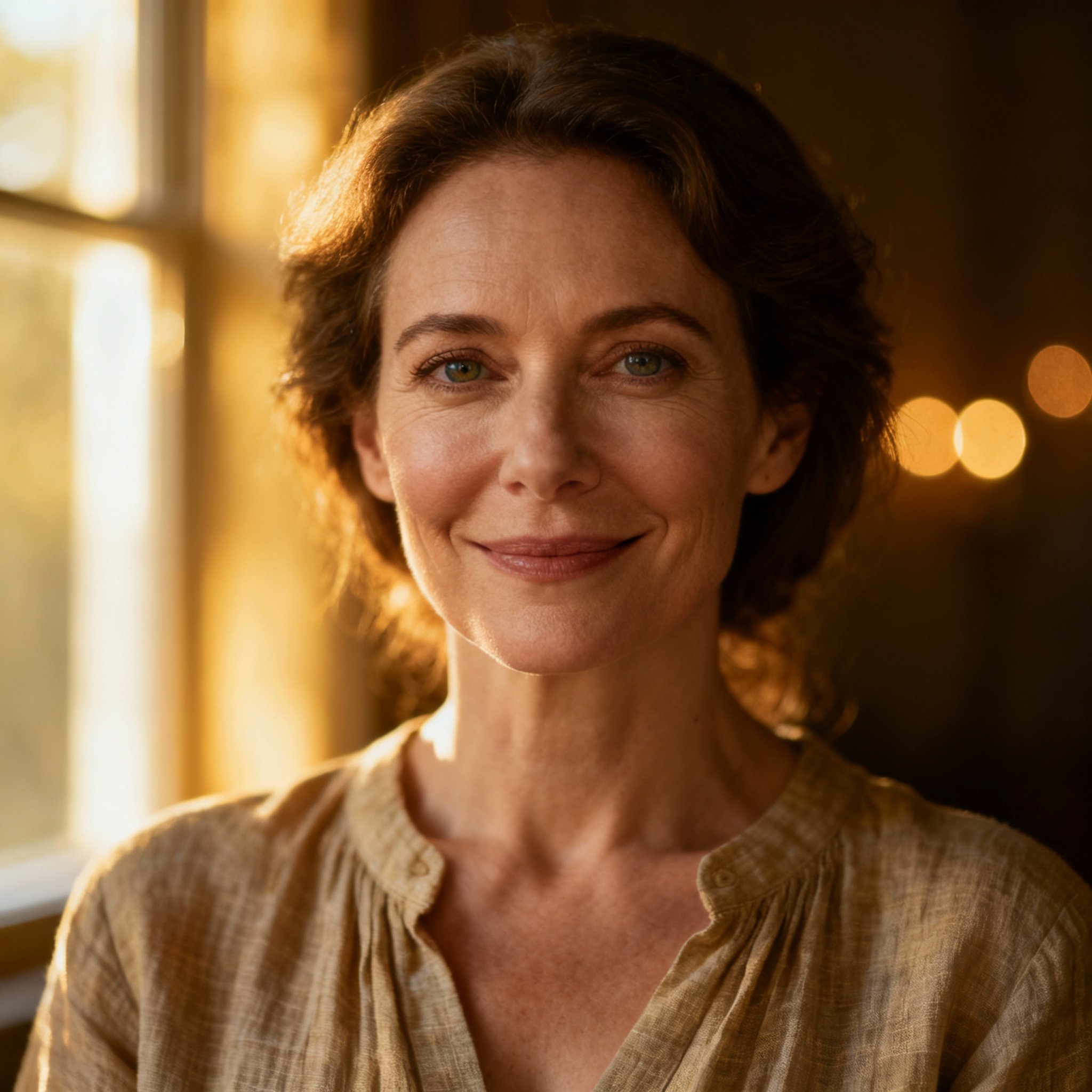 A close-up portrait of a wise and compassionate middle-aged female psychic with a warm gaze, set against a backdrop of soft, calming light, conveying trust and professionalism.