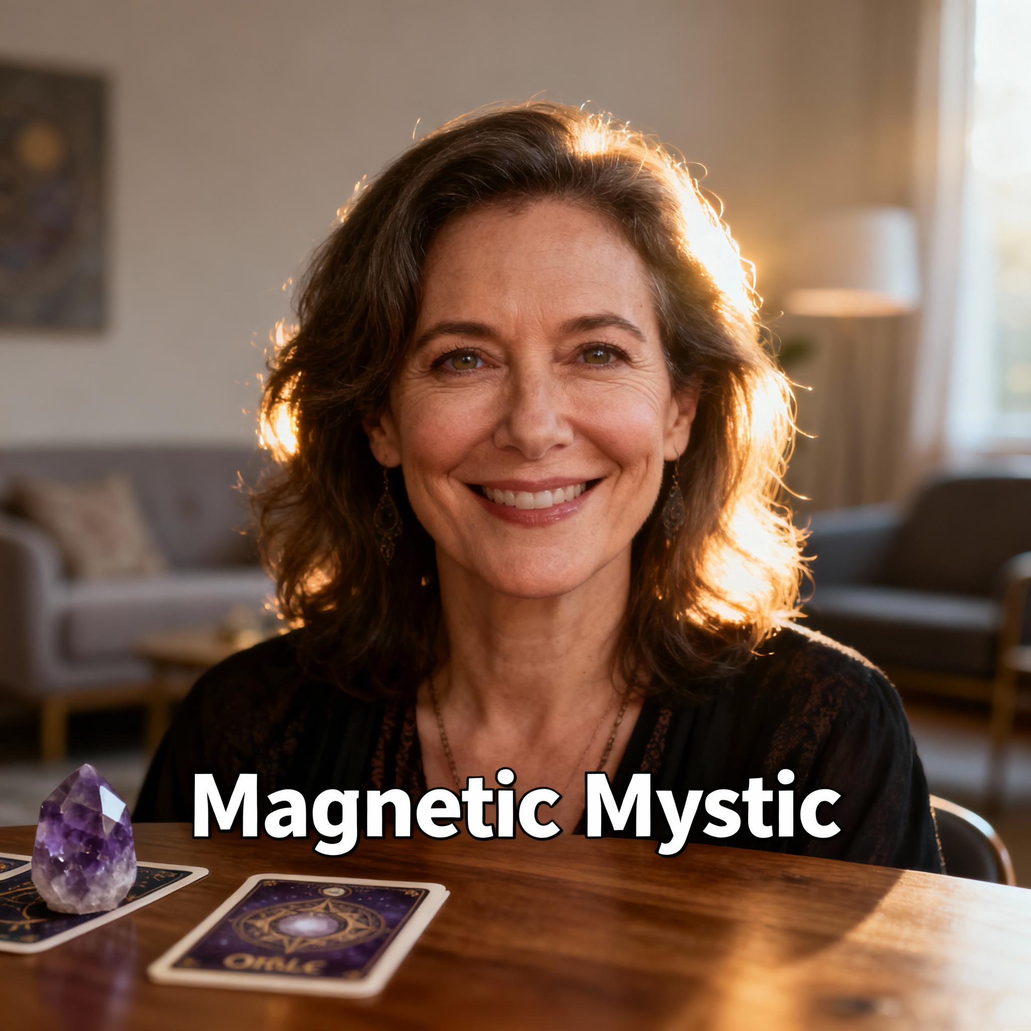 A charismatic and trustworthy middle-aged female psychic with a warm, direct gaze, set against a softly lit consultation room, creating a professional and empathetic atmosphere.