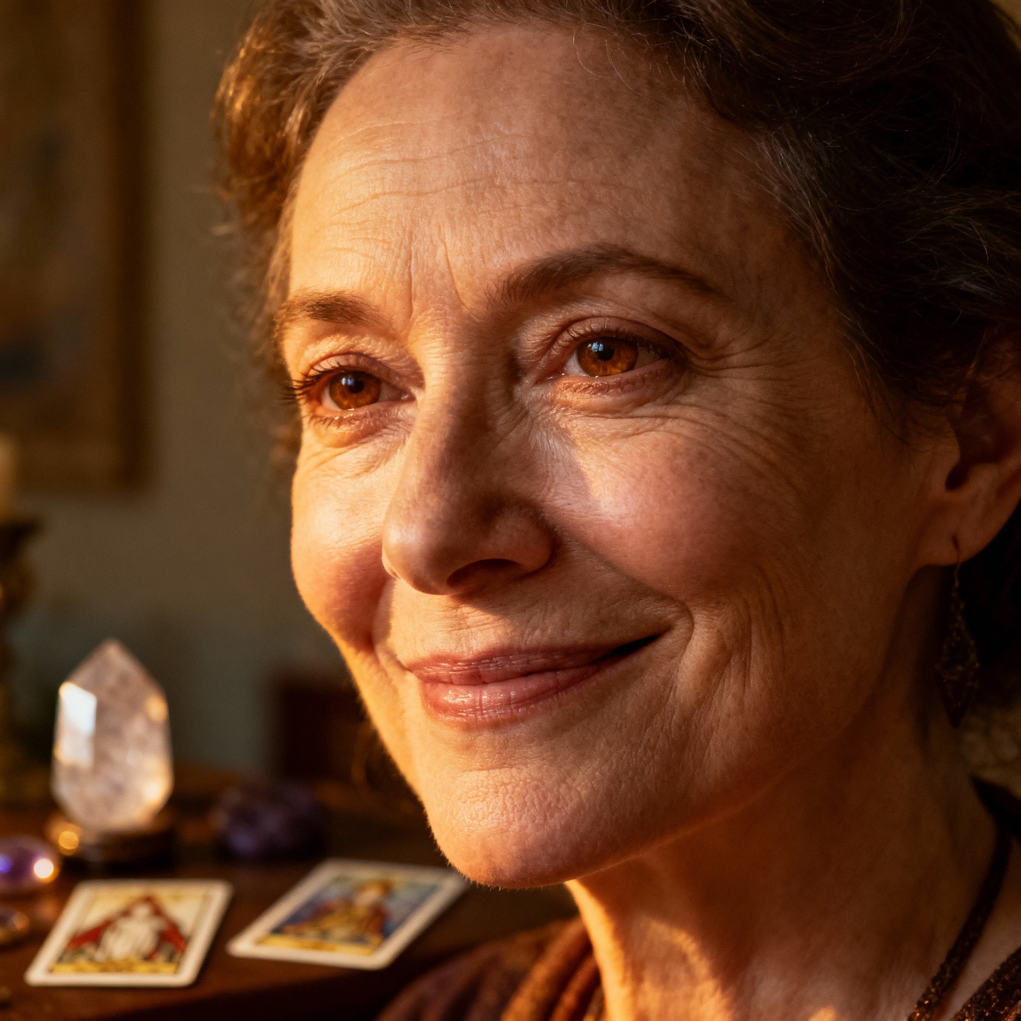 A close-up portrait of a middle-aged female psychic with kind eyes and a gentle smile, exuding trust and compassion against a soft-focus background.