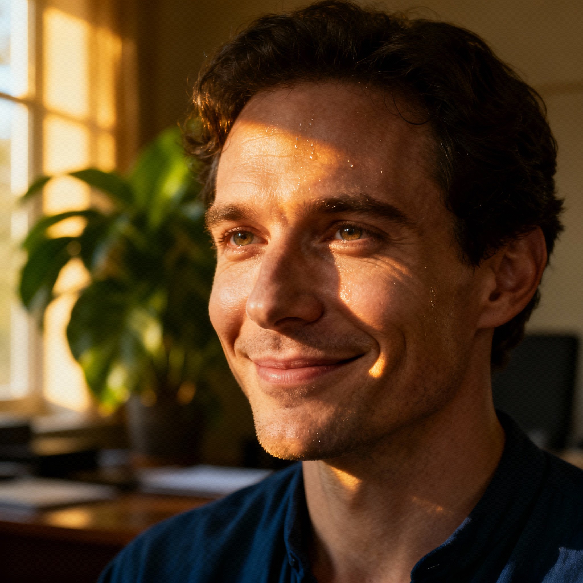 A character portrait of Psychic Alexander, a man in his late 30s with wise, kind eyes and a gentle smile. Soft window light illuminates his face against a calm, cozy room, creating an atmosphere of trust and reassurance.