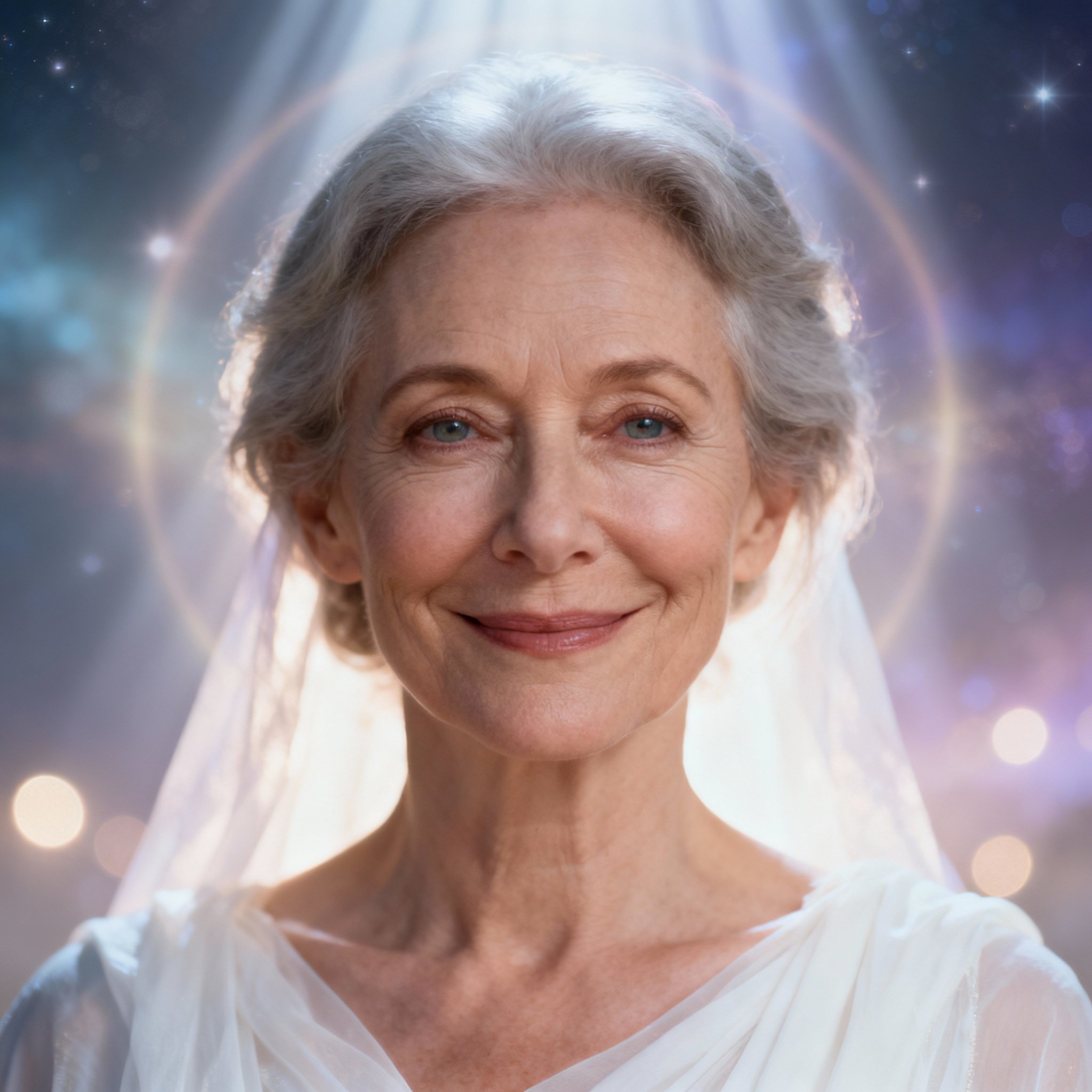 A close-up portrait of psychic Pat D Angels Channeler, featuring her warm smile and wise eyes against a soft, glowing background, creating an atmosphere of trust and serenity.