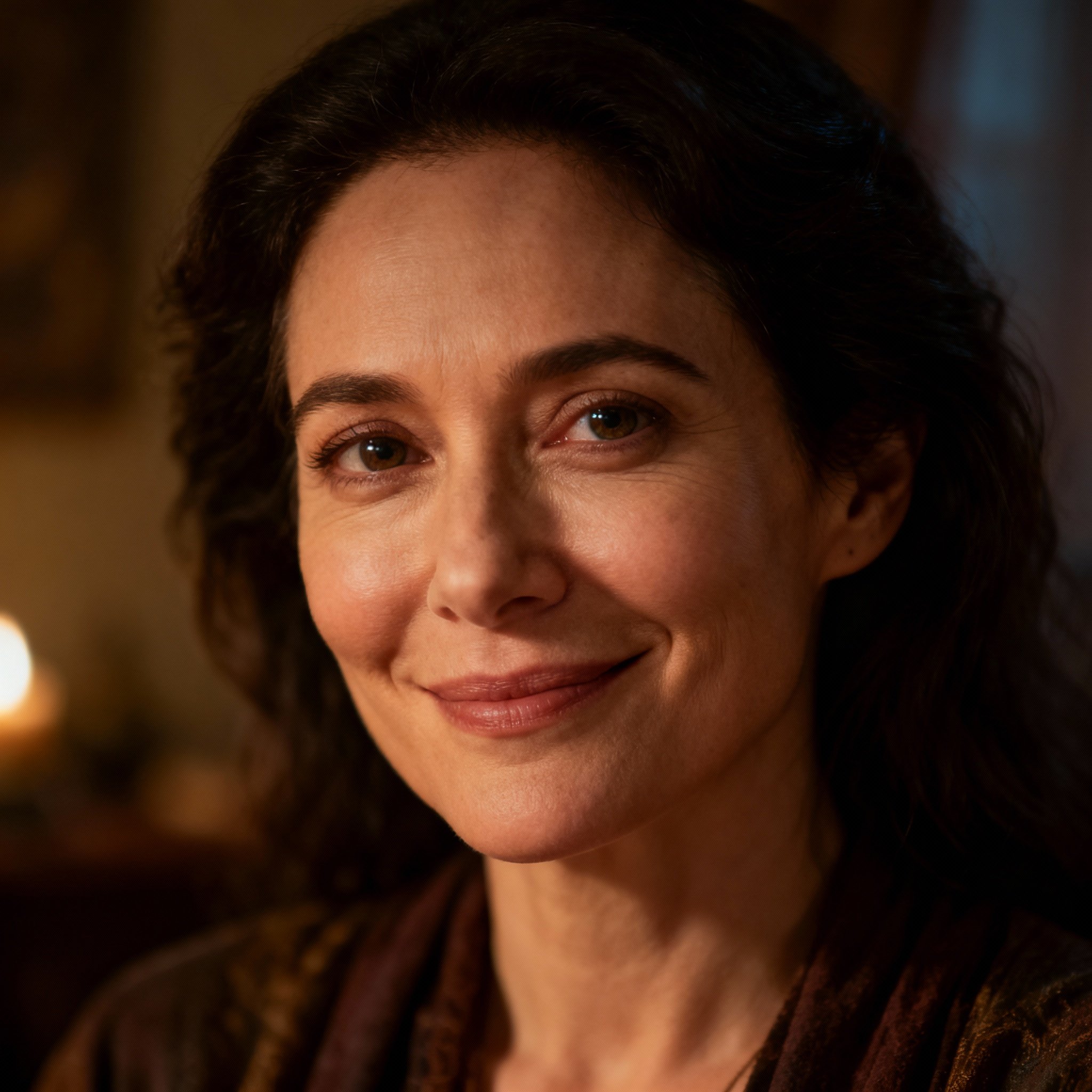 A close-up portrait of psychic Lulu Bowen, who has a warm, friendly smile and eyes full of compassion and wisdom. The soft lighting and cozy background create a feeling of trust and approachability.