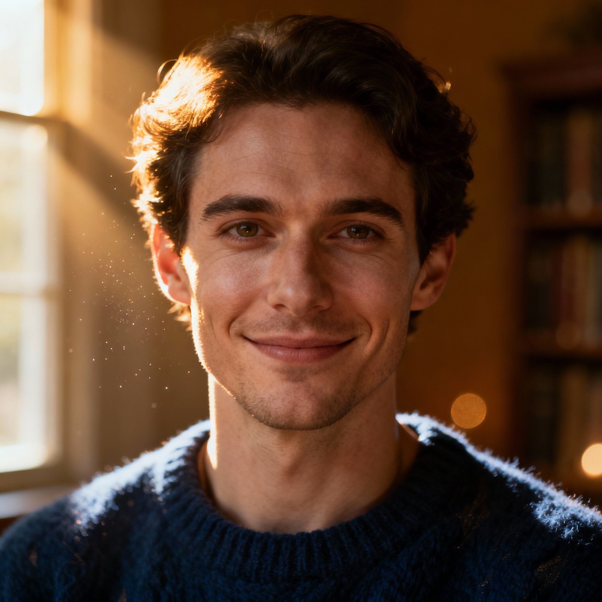 A close-up portrait of Spiritual Advisor Justin, featuring a warm, empathetic smile against a soft, calming background, evoking a sense of trust and peace.