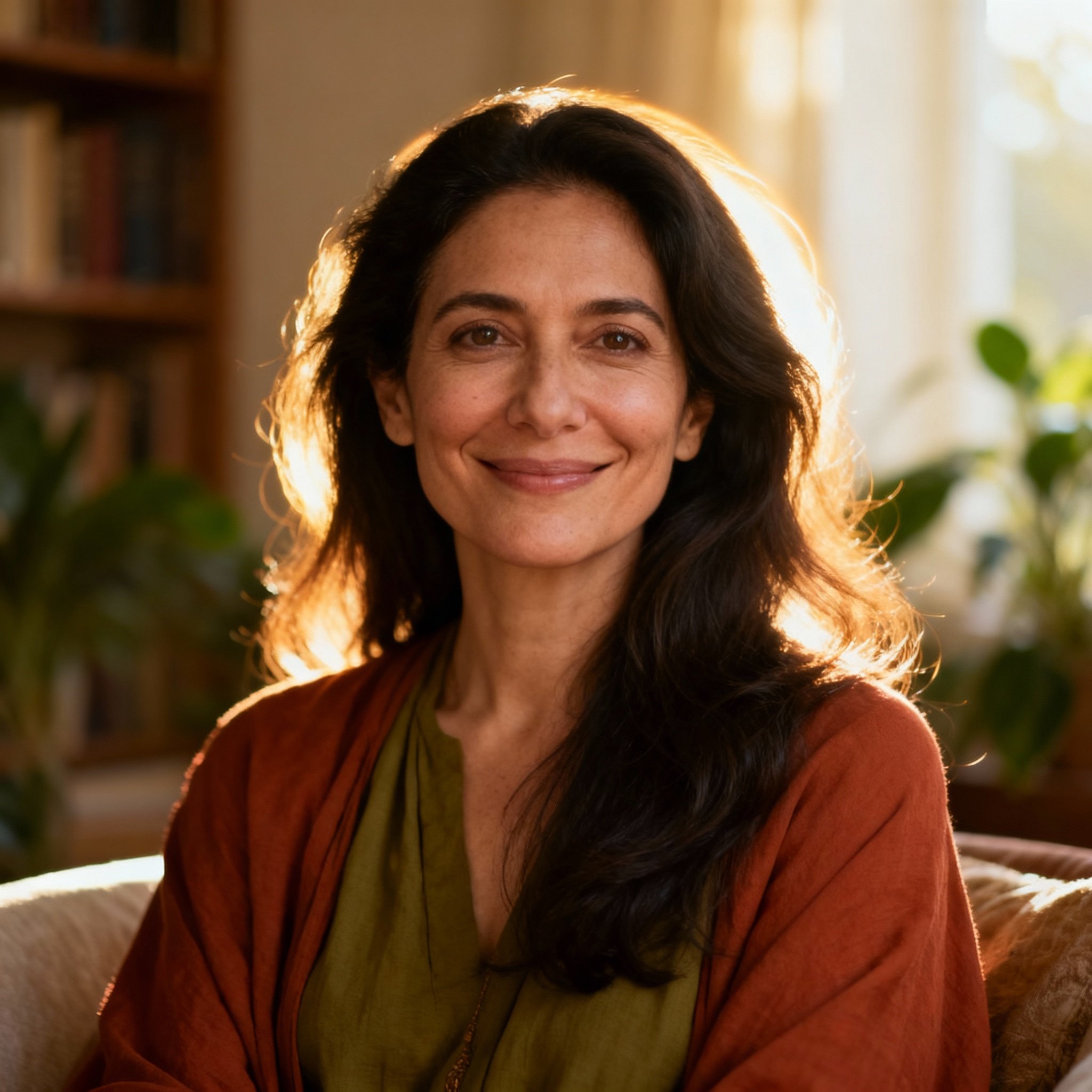 A close-up portrait of psychic Sonia Wren, with a warm smile and wise eyes, against a soft-focus background, creating an atmosphere of trust and approachability.