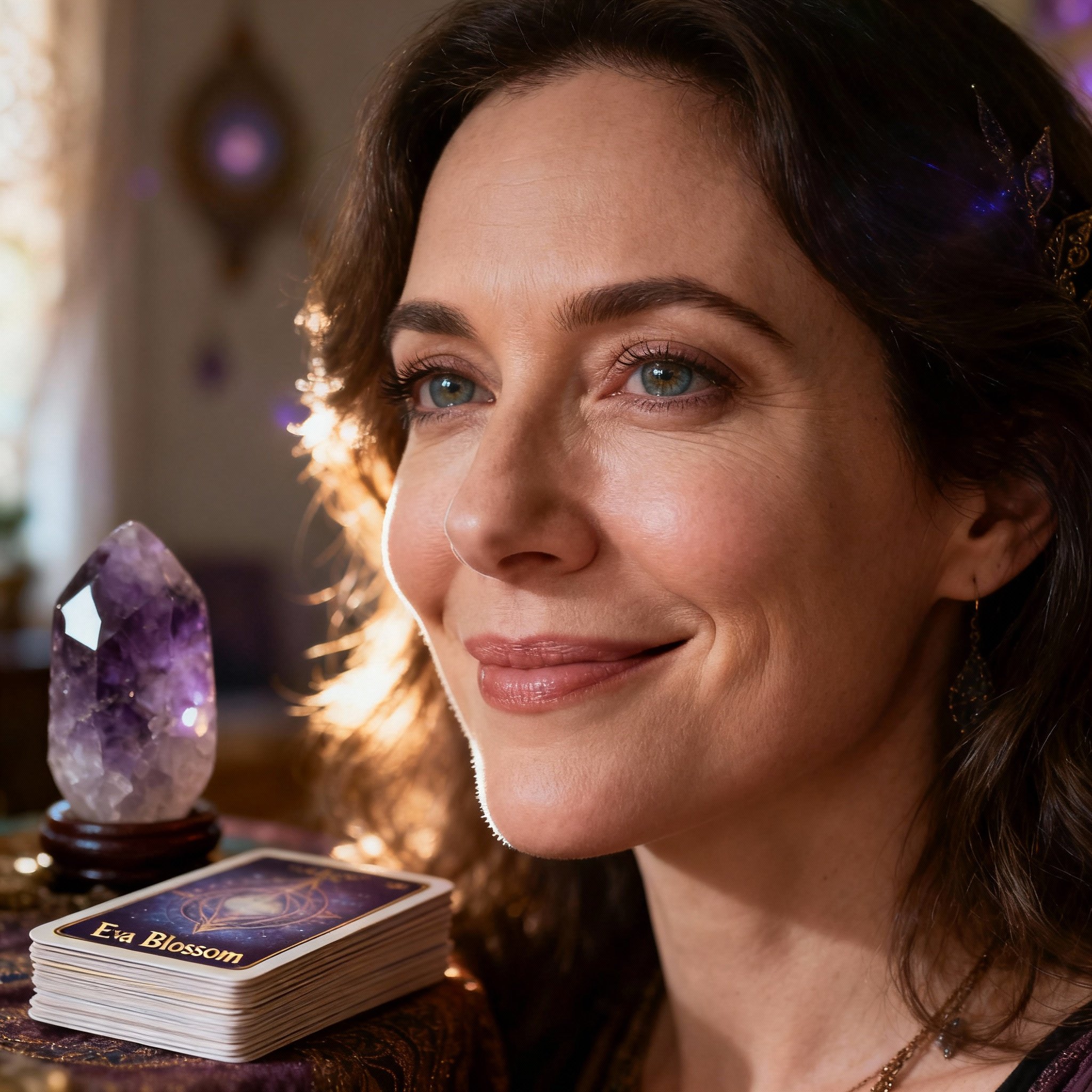 A close-up portrait of a modern psychic, Eva Blossom, who exudes wisdom and compassion. She has a warm, confident smile and clear eyes, projecting a strong sense of trustworthiness. Soft light illuminates her face against the backdrop of a serene and comfortable consultation room.