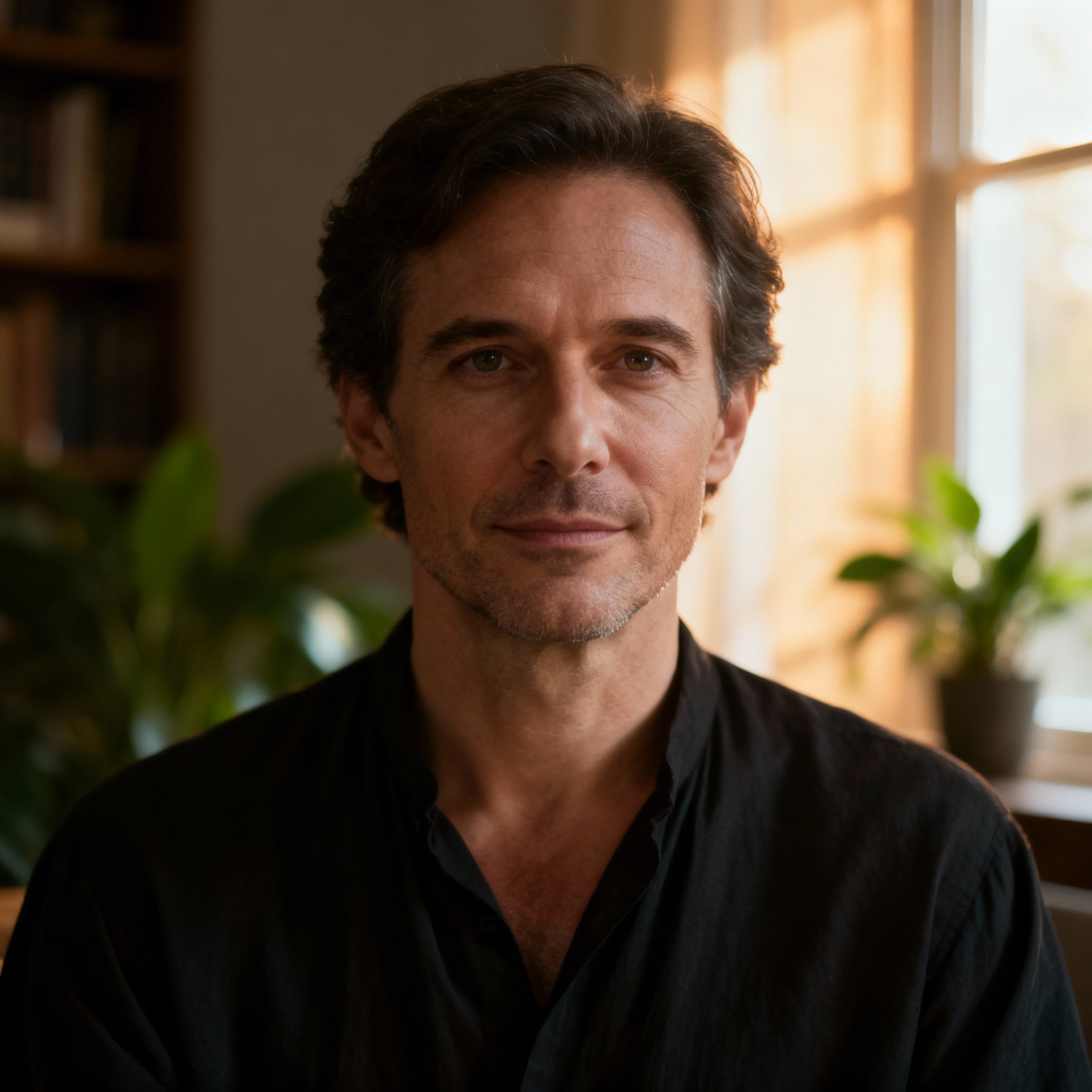 A close-up portrait of the psychic SpirituAlex, with a gentle and wise smile. The background is a serene consultation room, creating a sense of trust and healing.