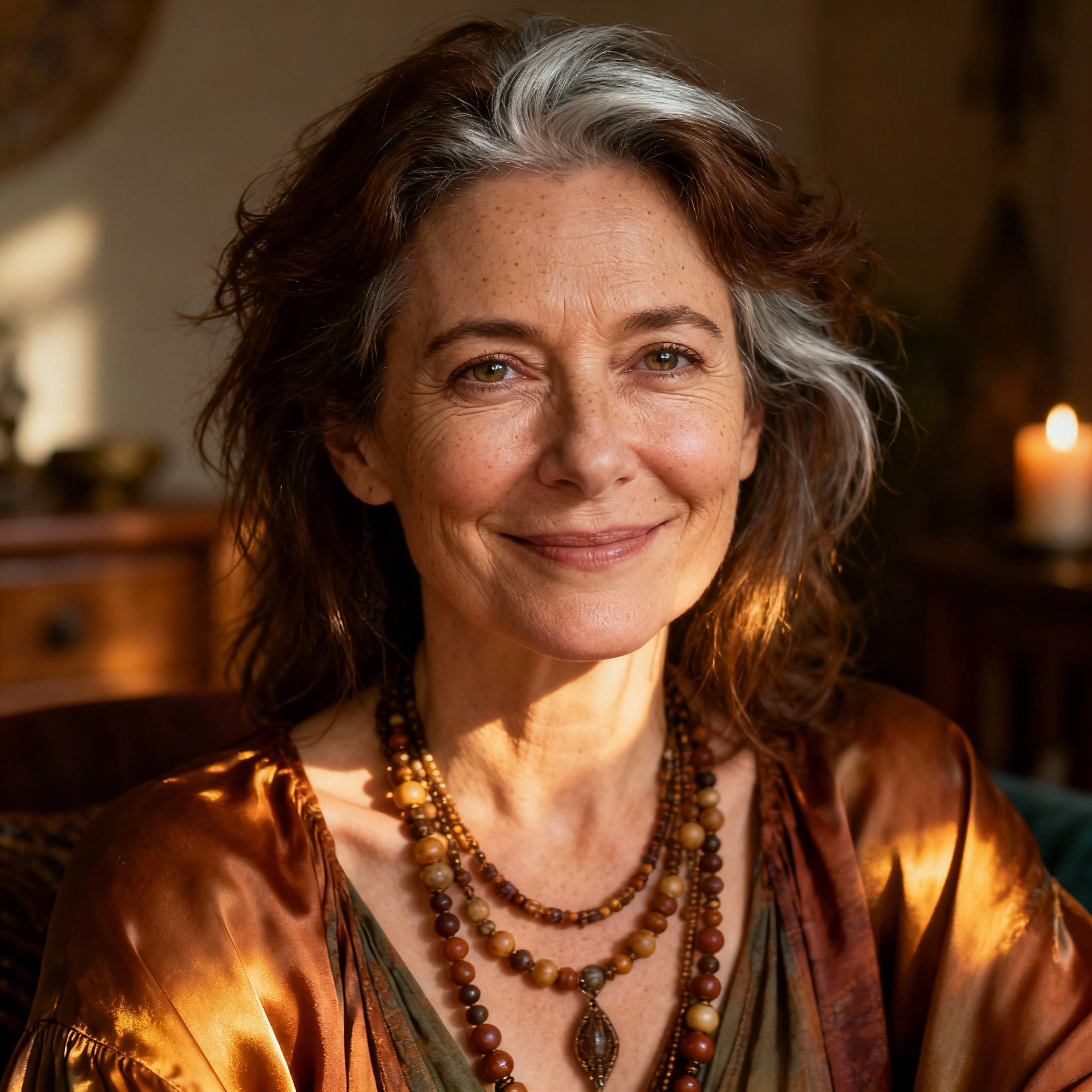 A close-up portrait of a warm, wise female psychic, her eyes friendly and the background soft, creating a sense of trust and approachability.
