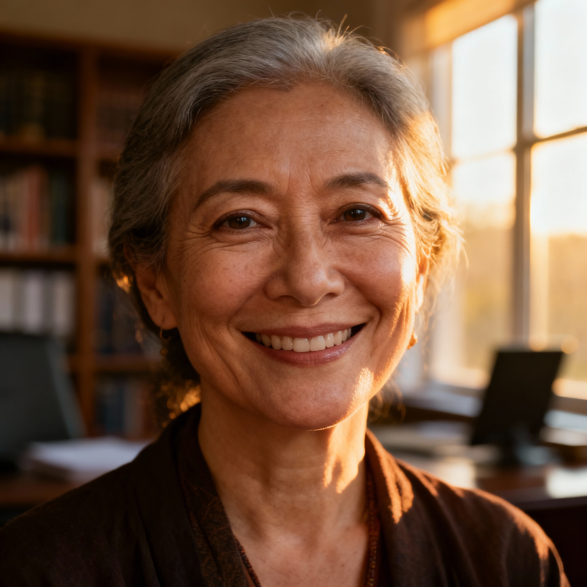 A close-up portrait of Psychic Lina, a wise and compassionate middle-aged woman. She has a warm smile and understanding eyes, set in a cozy, professional consultation room.