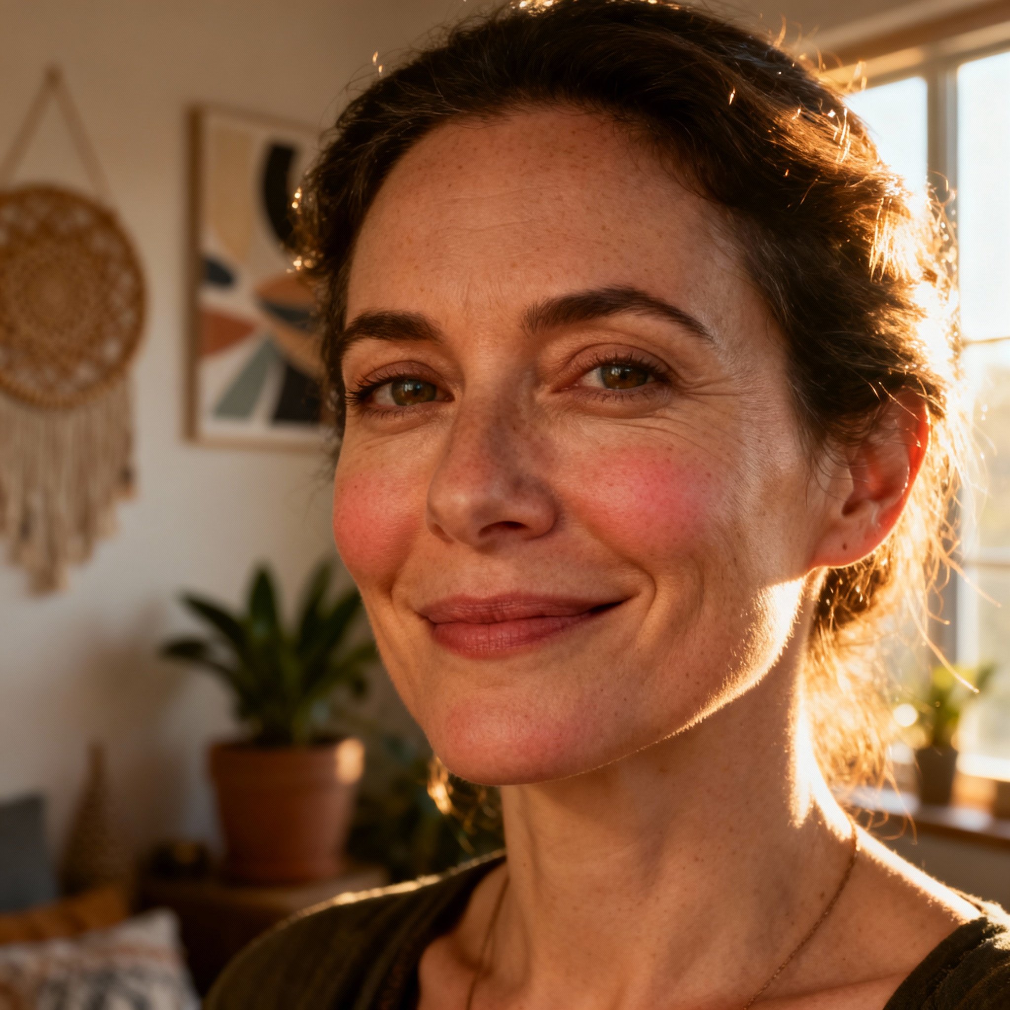 A close-up portrait of a wise and compassionate female psychic, Moranda. She has a warm yet firm gaze, with a soft, inviting indoor lighting in the background, creating a trustworthy atmosphere.
