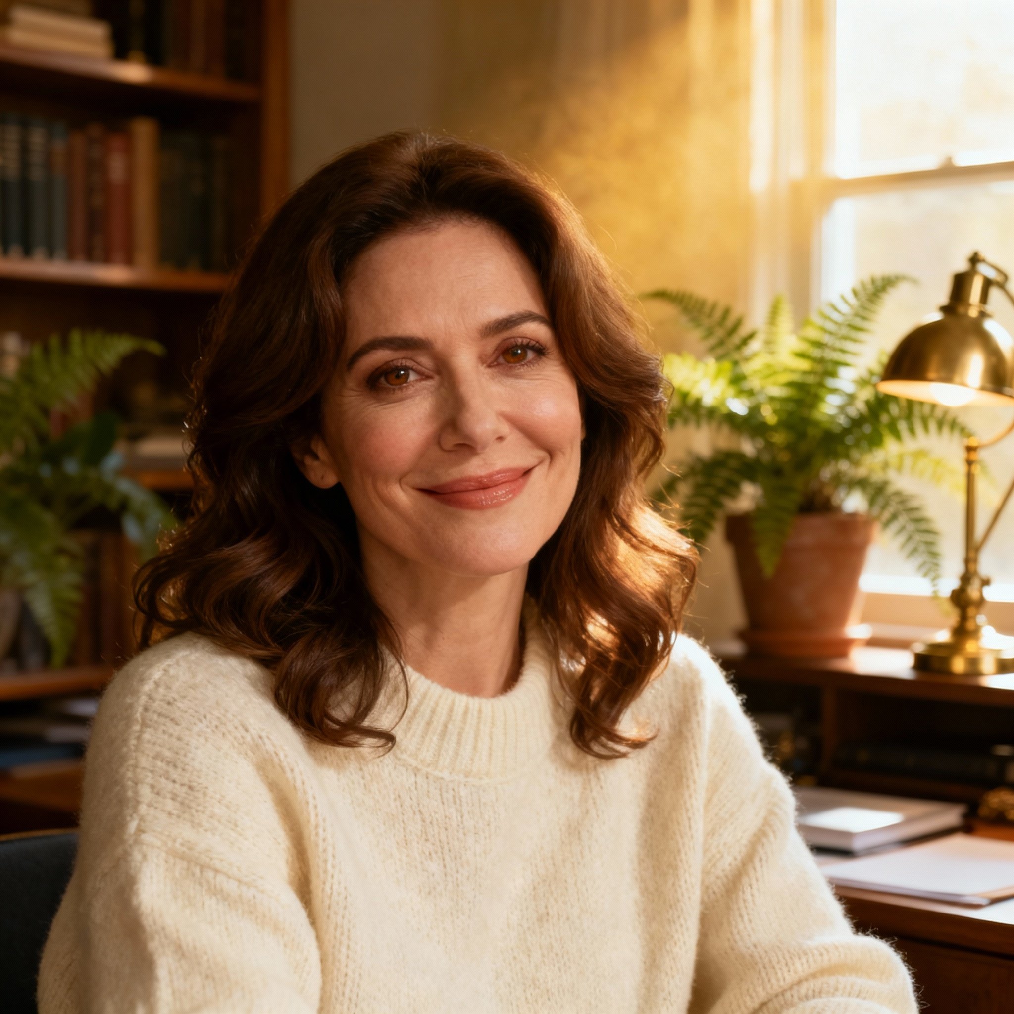 A close-up portrait of Holly Pop, a female psychic in her late 30s, with a warm, empathetic smile and wise eyes, conveying a sense of trust and comfort.