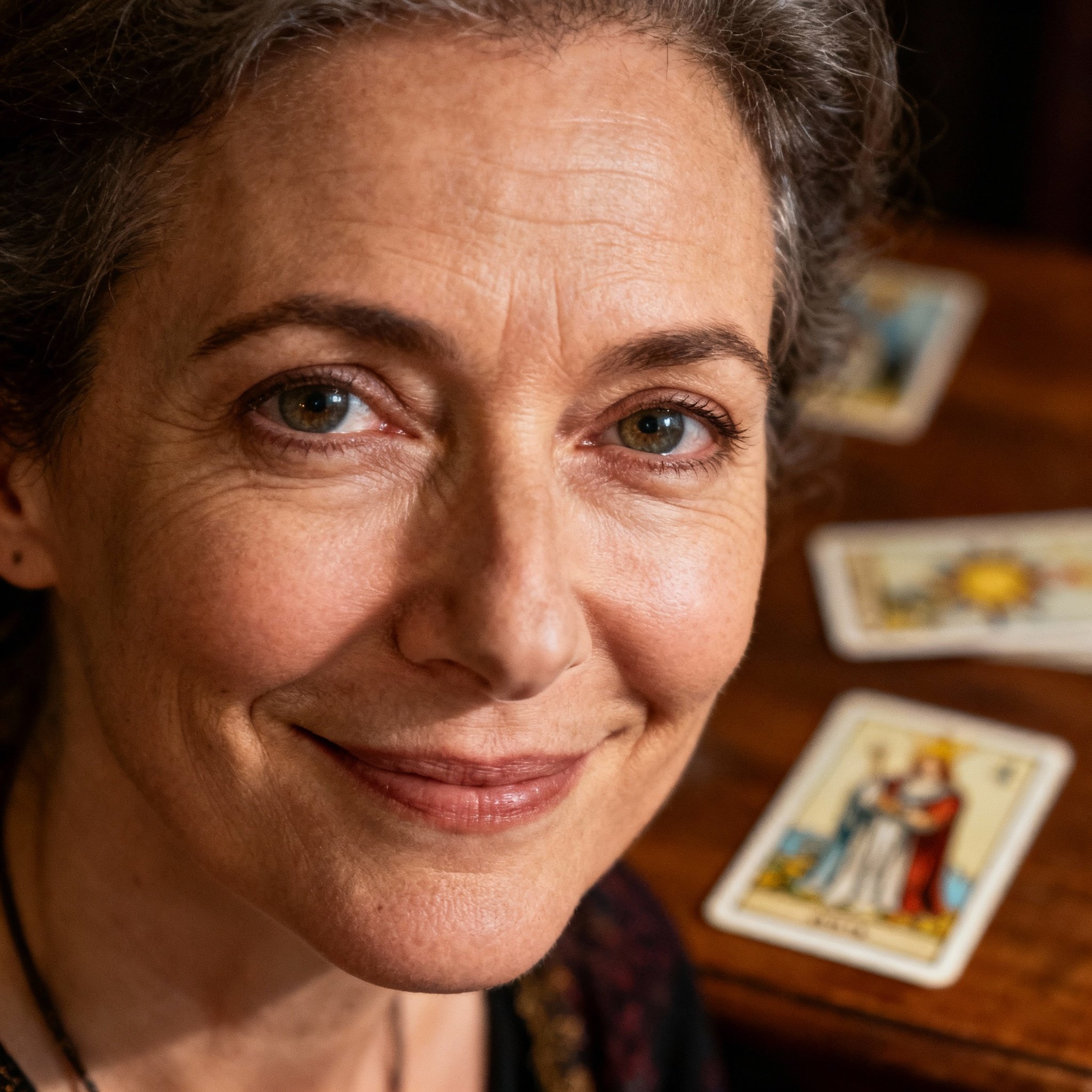 A close-up avatar of a female psychic named Clairistdawn. She has a warm, understanding smile and empathetic eyes, with soft lighting illuminating her face, creating a trustworthy atmosphere.