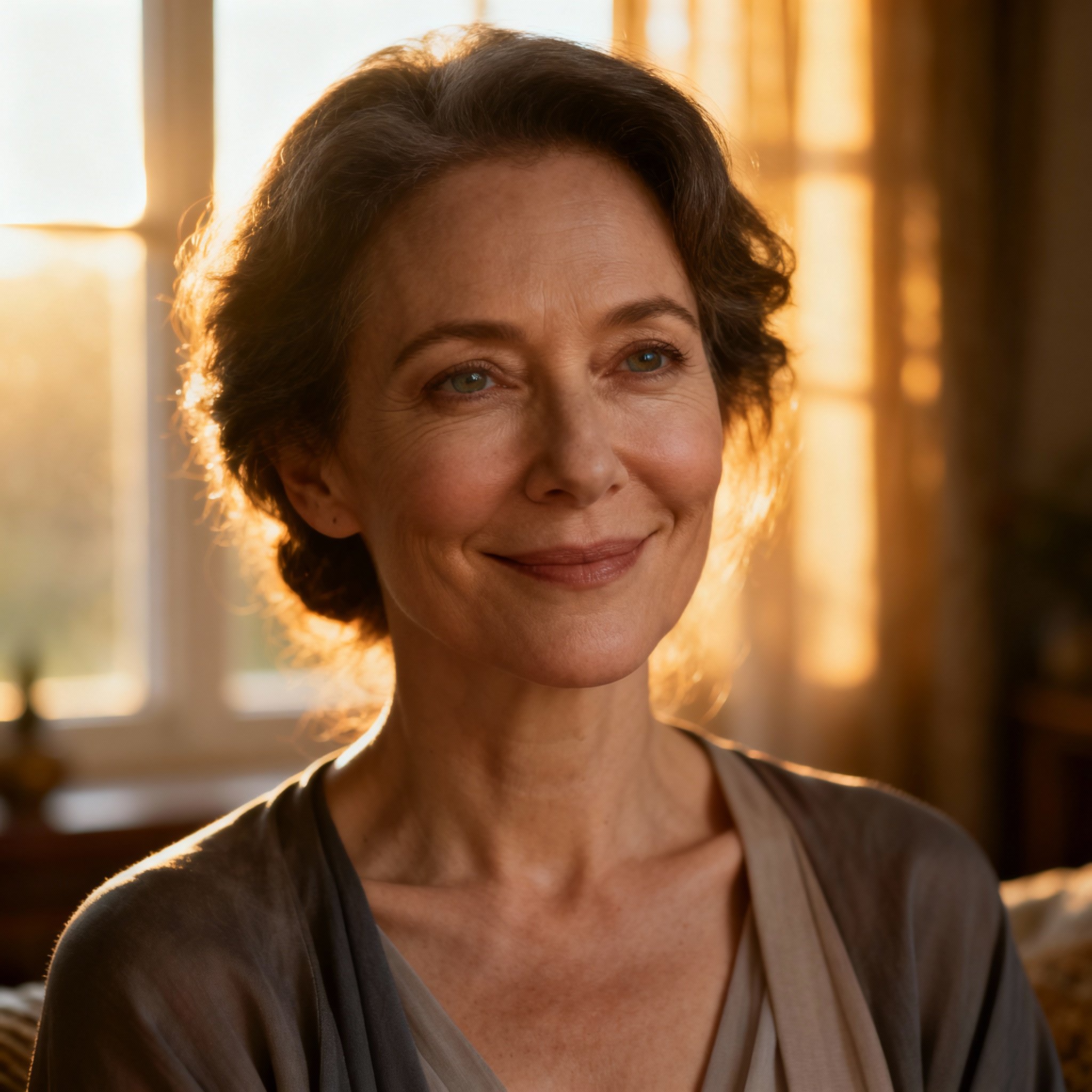 A close-up portrait of Psychic Selena, a woman in her 40s with wise and compassionate eyes and a warm smile. Soft, natural light illuminates her, creating a trustworthy and serene atmosphere.