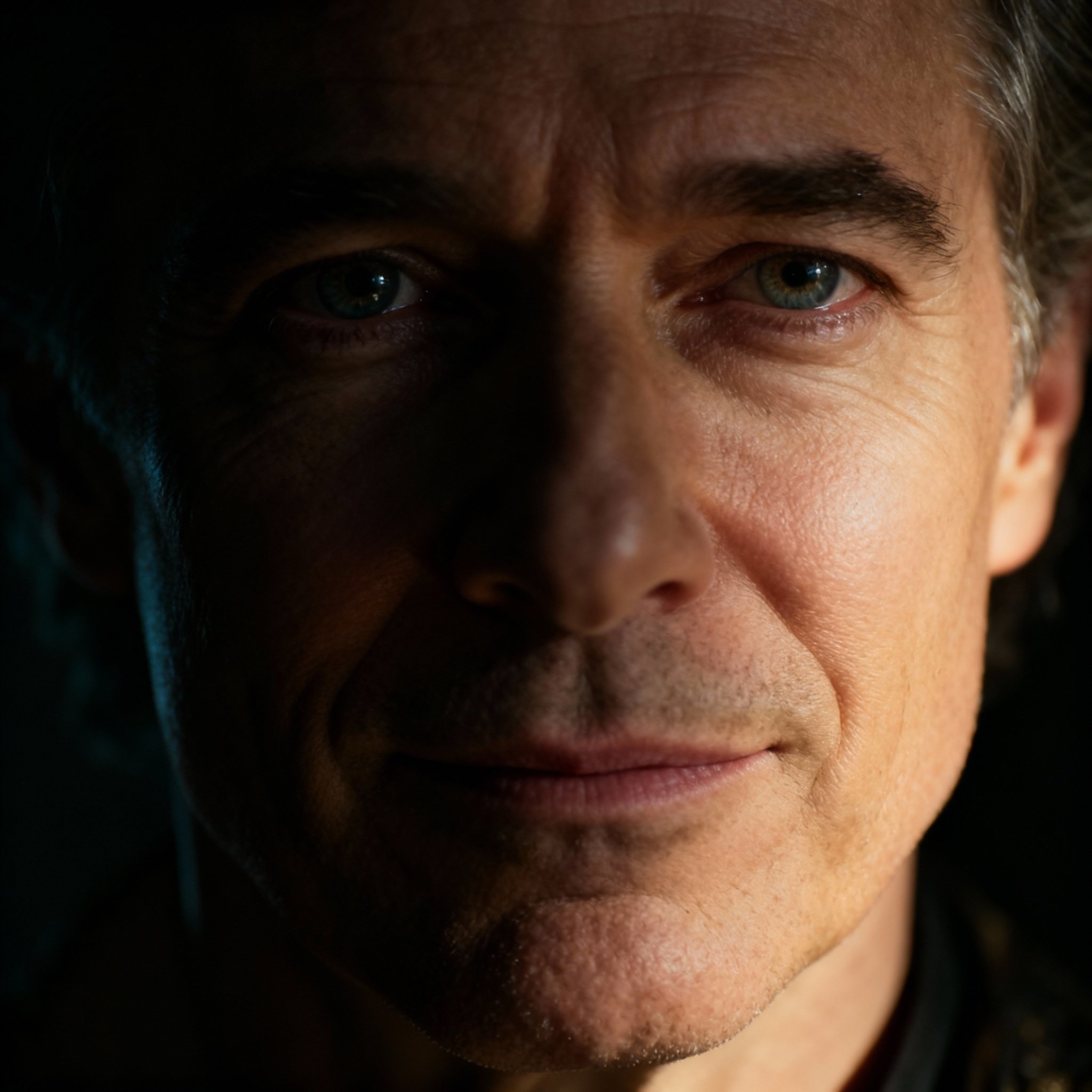 A close-up, shoulders-up portrait of a male psychic named JeanPaul. He appears to be in his 40s, with deep, sincere eyes that convey a sense of wisdom and trustworthiness. Soft side-lighting illuminates one half of his face while the other is in shadow, creating a feeling of mystery and depth. The background is blurred, suggesting a calm consultation space.