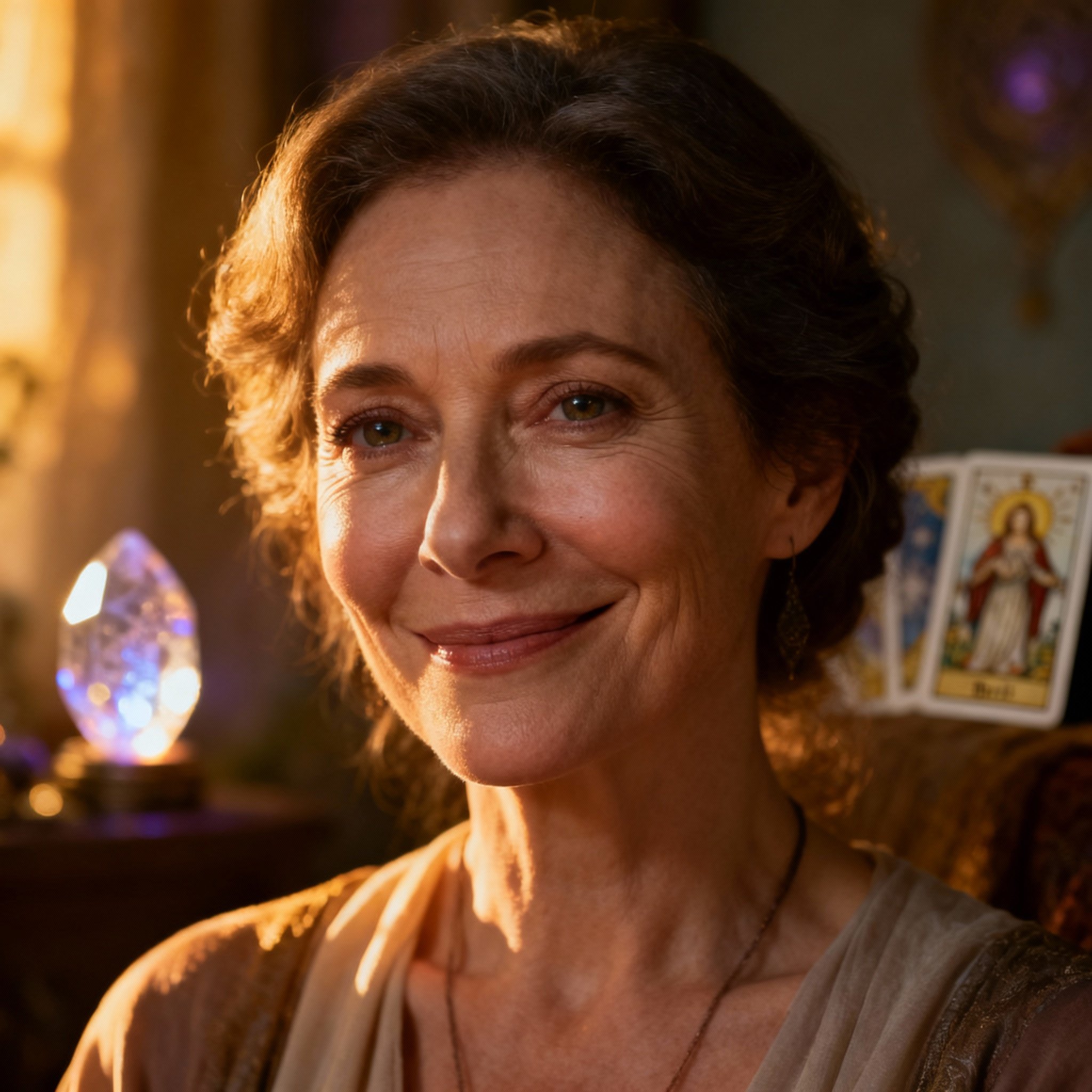 A close-up portrait of Psychic Briel, she has a gentle and wise smile, with a soft halo and mystical elements in the background hinting at her intuitive abilities.