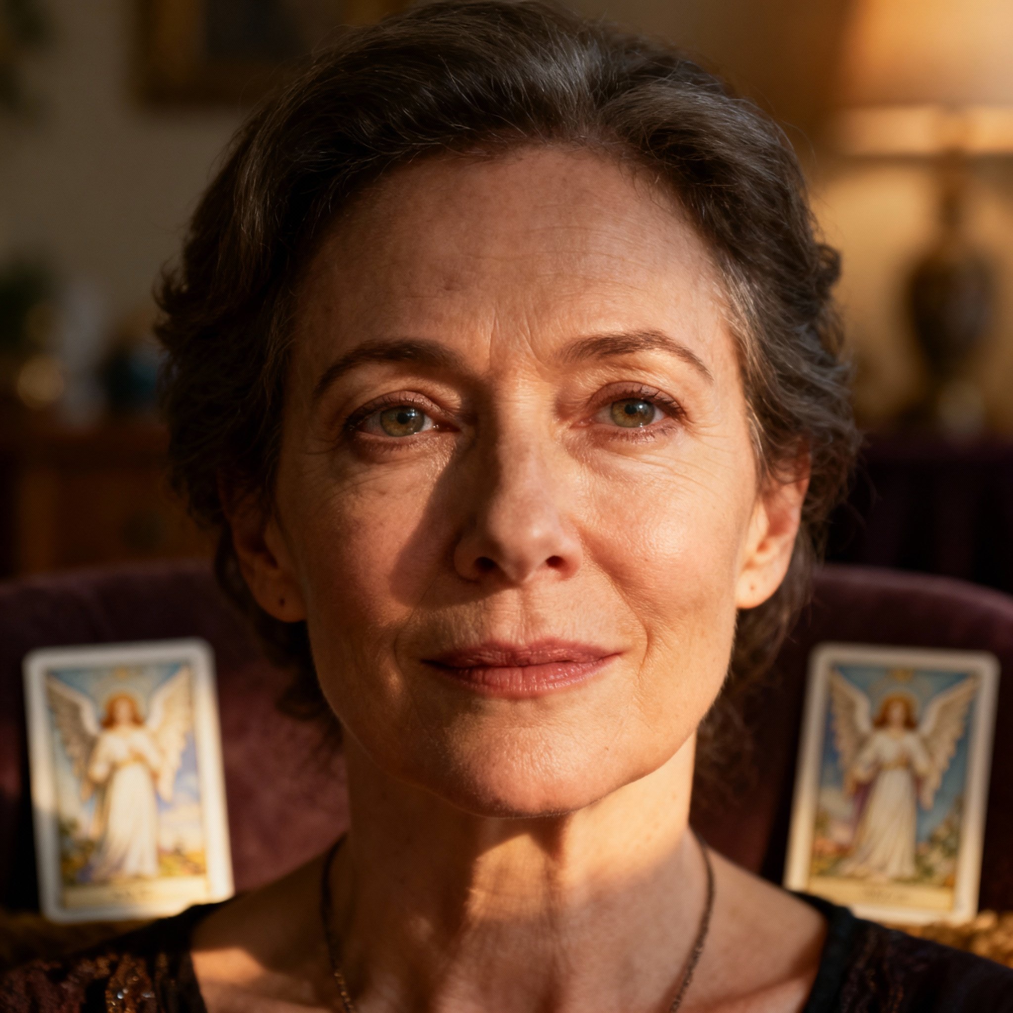 A close-up portrait of a wise and empathetic female psychic, her eyes holding a look of insight, set against a backdrop of soft light that creates a warm and trustworthy atmosphere.