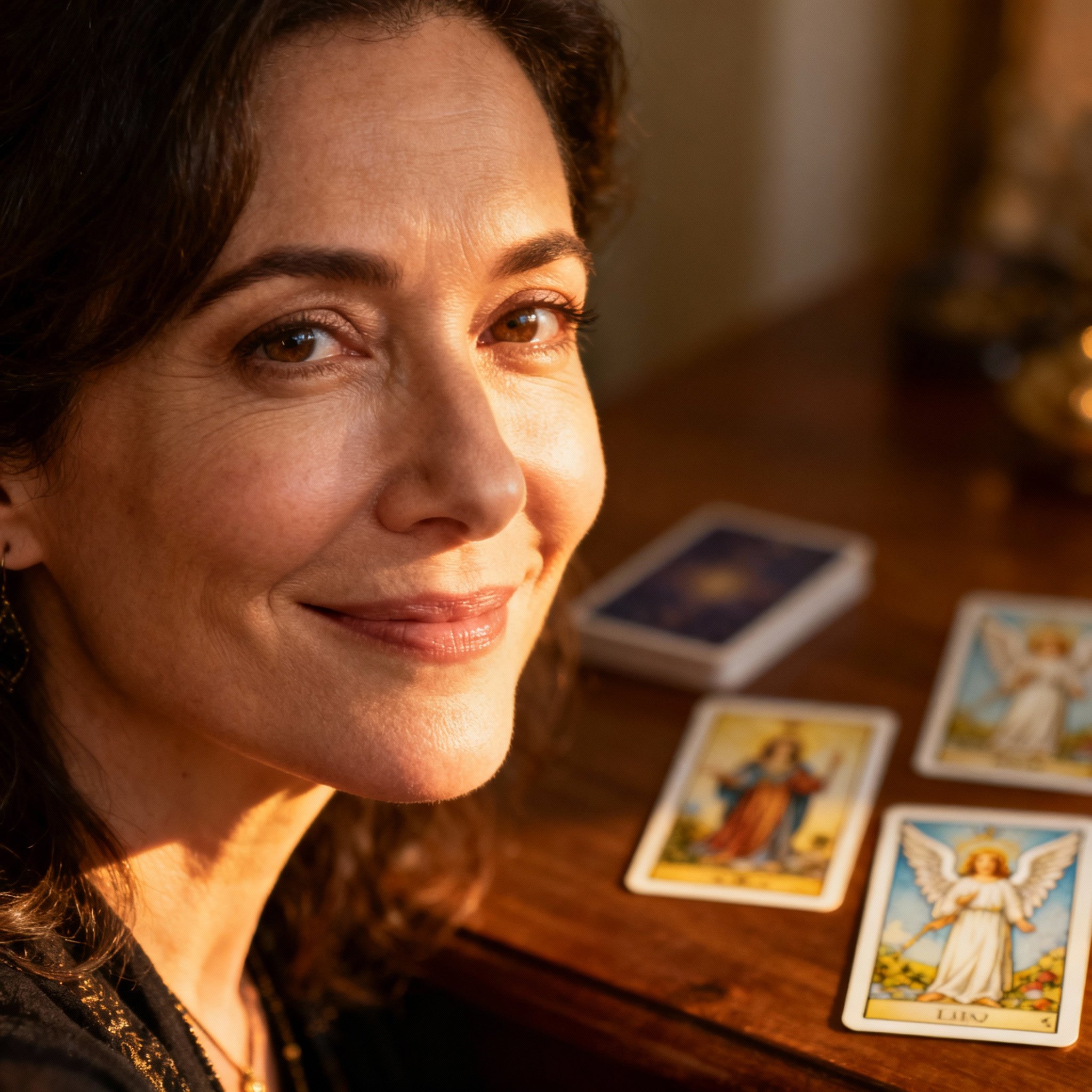 A close-up portrait of Marlie Tarot, a warm and compassionate female psychic. She has a friendly smile and understanding eyes, with a background of soft light and blurred tarot cards, creating a professional and trustworthy atmosphere.