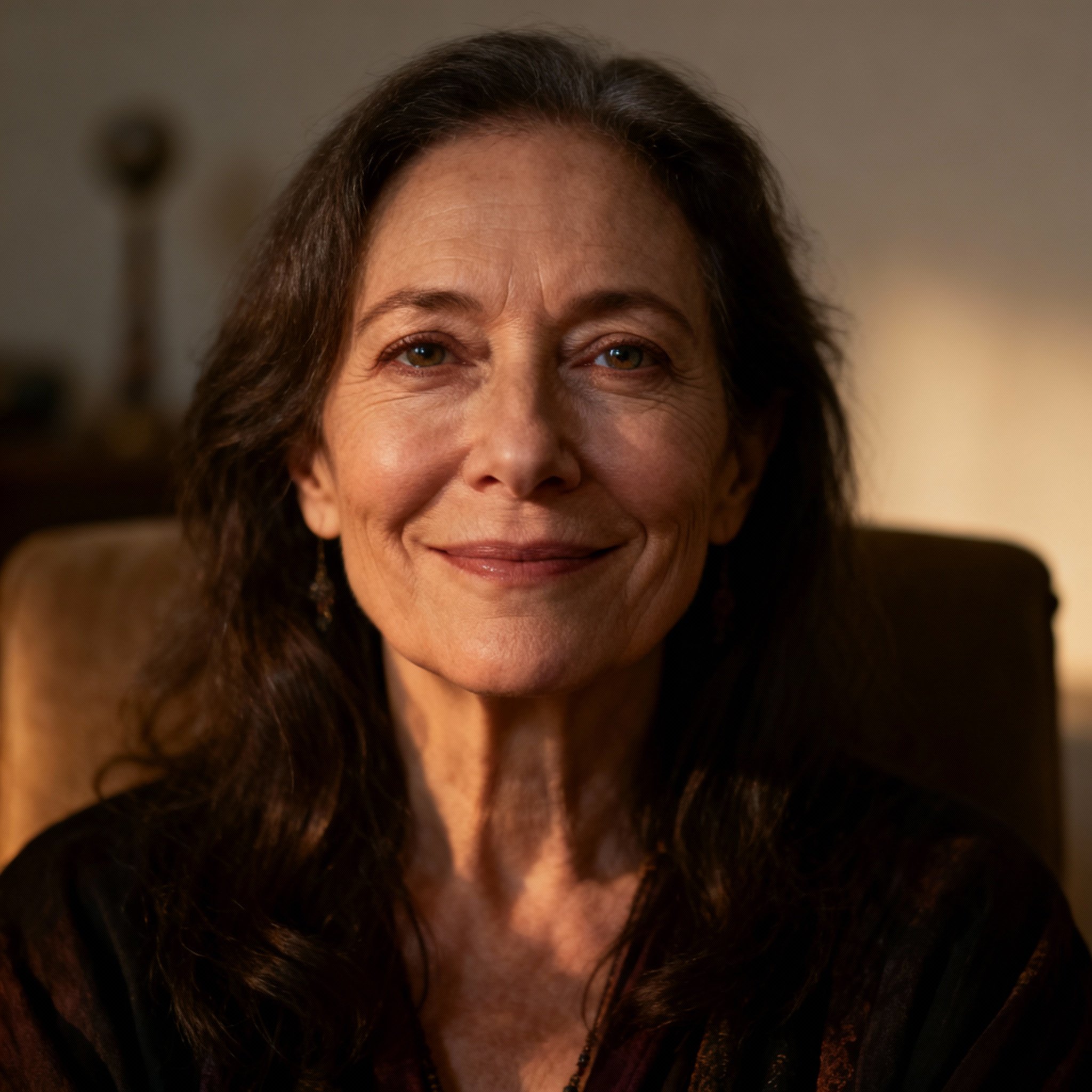 A close-up portrait of a compassionate and trustworthy middle-aged female psychic. She has warm eyes and a gentle smile, set against a soft, cozy indoor background, creating an atmosphere of safety and understanding.
