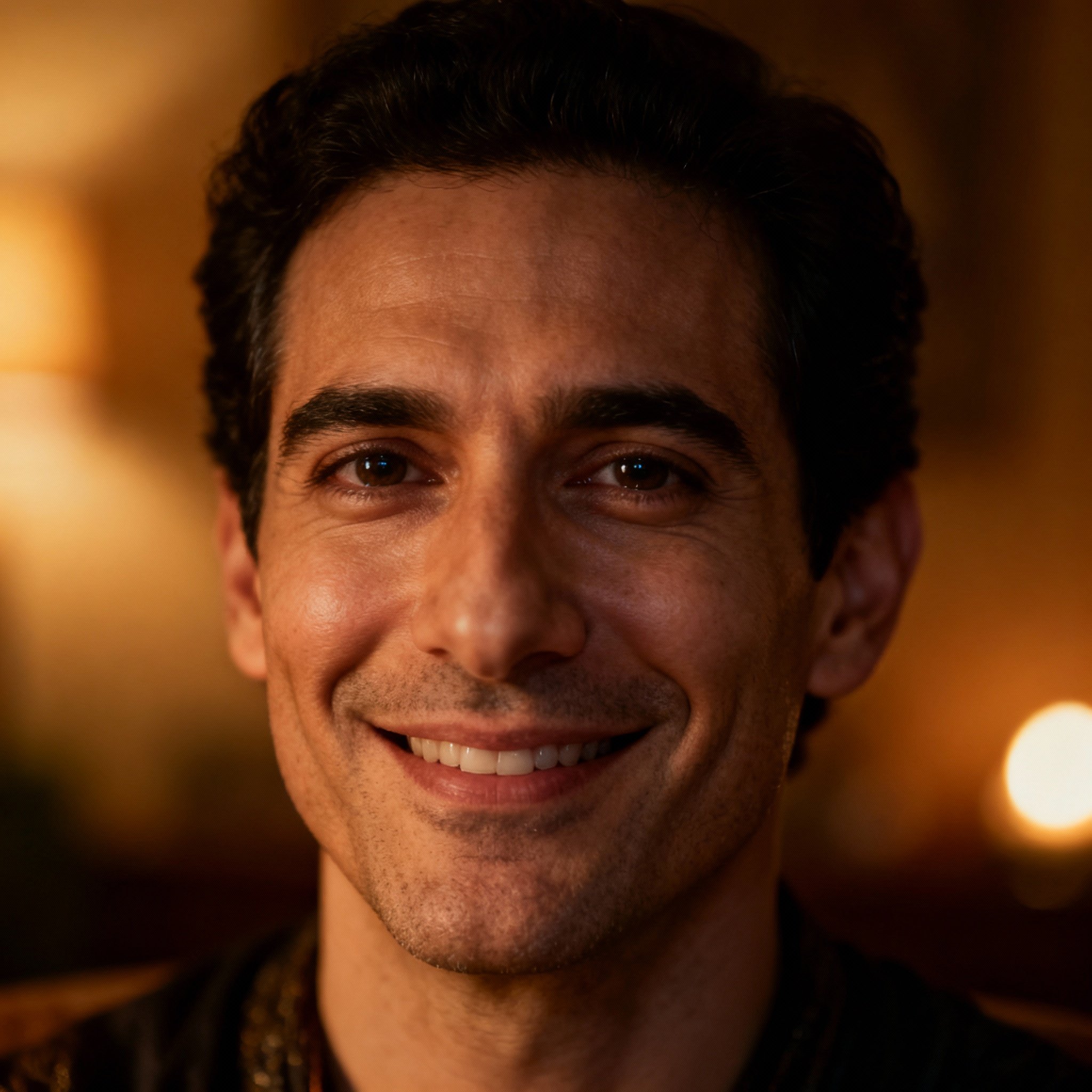 A close-up portrait of a male psychic named Raffi. He has a gentle, wise smile and deep, knowing eyes, with a soft halo of light in the background, creating an atmosphere of trust and mystique.