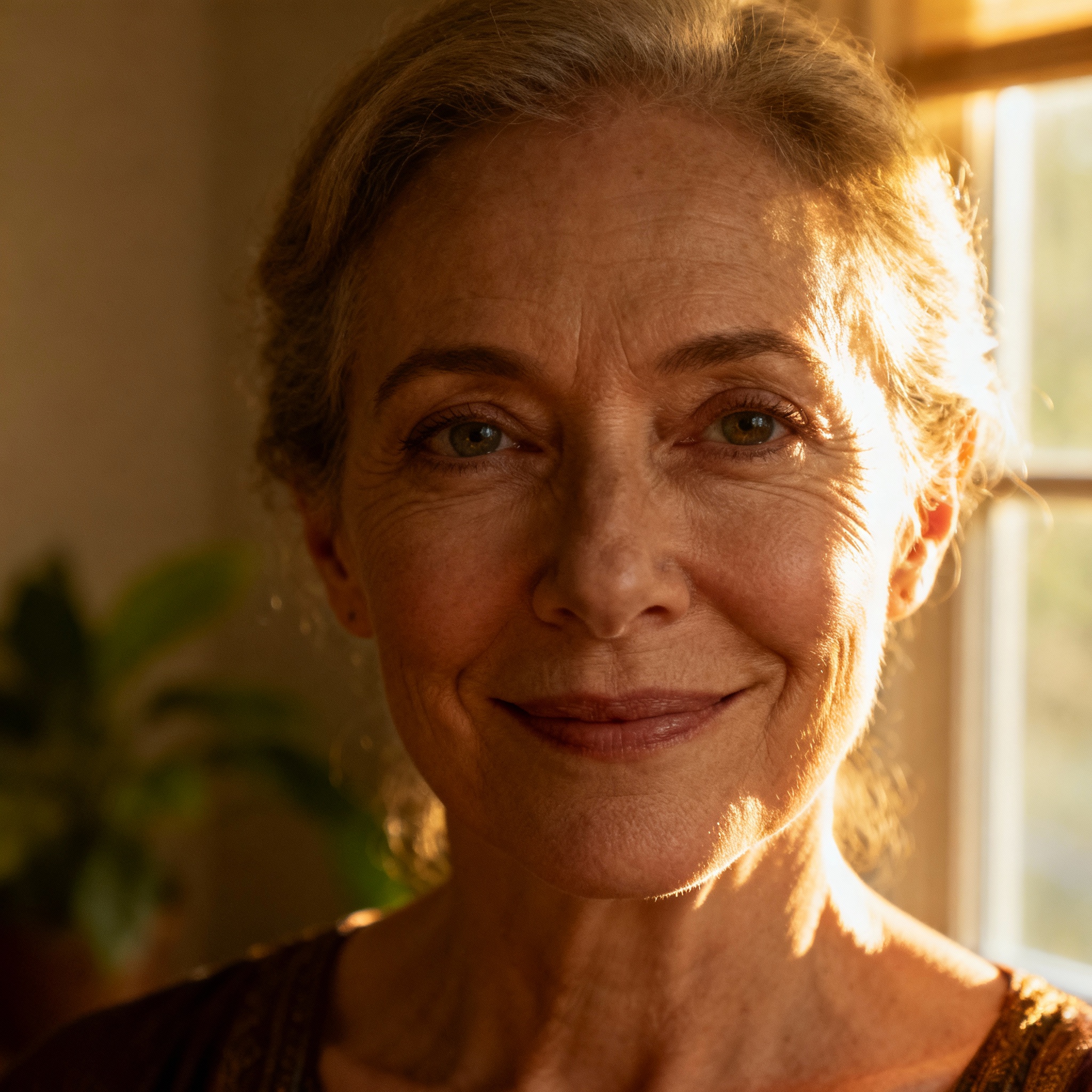 A close-up portrait of a psychic advisor named Compassionate Mae, featuring a warm, empathetic smile against a soft, calming background, evoking a sense of trust and serenity.