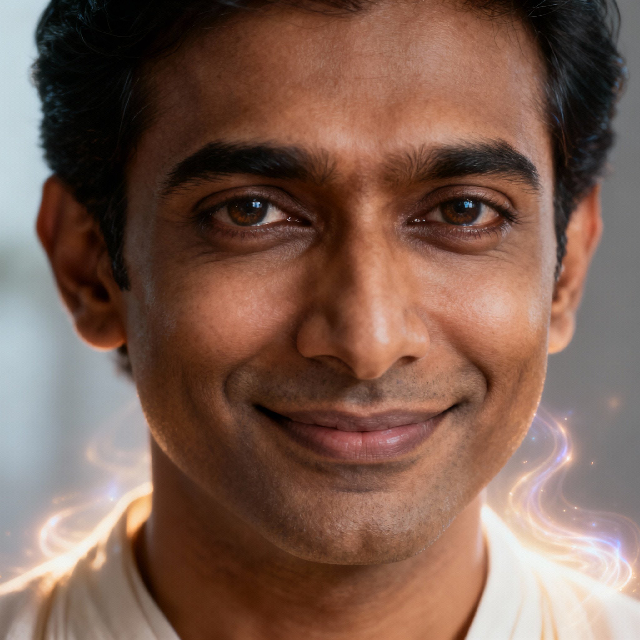 A close-up portrait of a wise and compassionate South Asian male psychic, YogiRohan. He has clear eyes and a confident, gentle smile, set against a soft background, creating an atmosphere of serenity, professionalism, and trustworthiness.