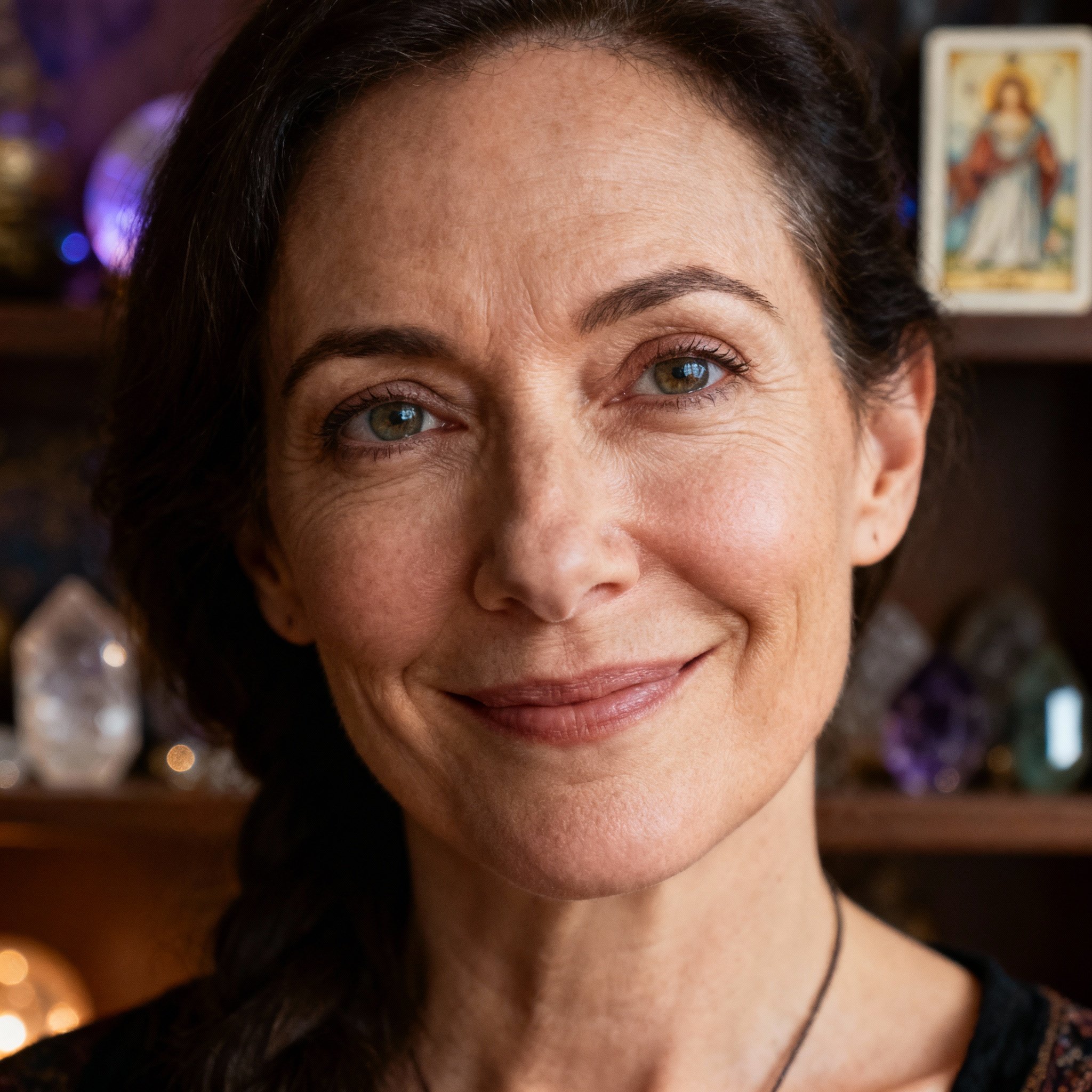 A close-up portrait of a psychic advisor named Amanda. She is in her 40s with a warm, empathetic smile and knowing, kind eyes. Soft, gentle light illuminates her from the side, creating an atmosphere of safety and trust. The background is a cozy room, slightly blurred, with hints of plants and crystals.