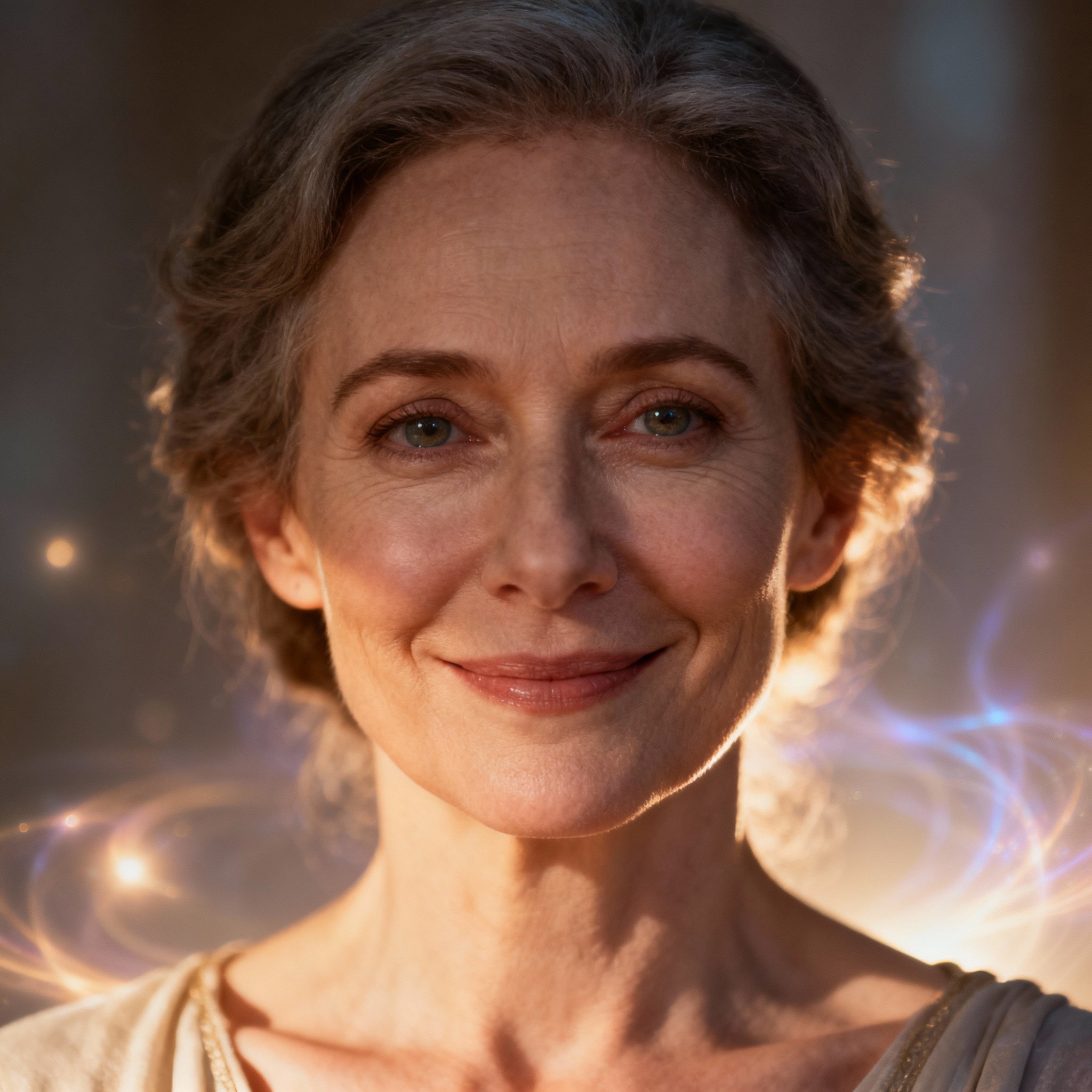 A close-up portrait of a wise and compassionate middle-aged female psychic. She has kind eyes and a calm smile, with a soft, glowing background that creates an atmosphere of trust and healing.