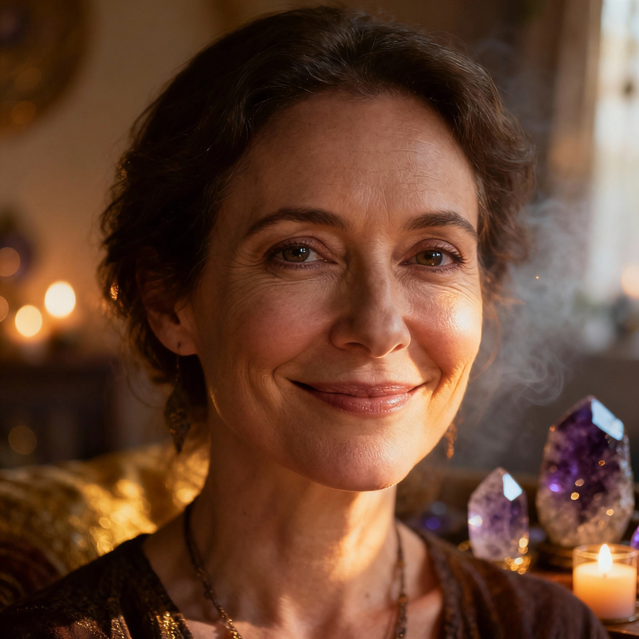 A close-up portrait of Psychic Holly, her eyes filled with wisdom and compassion, against a soft, inviting background that builds trust.