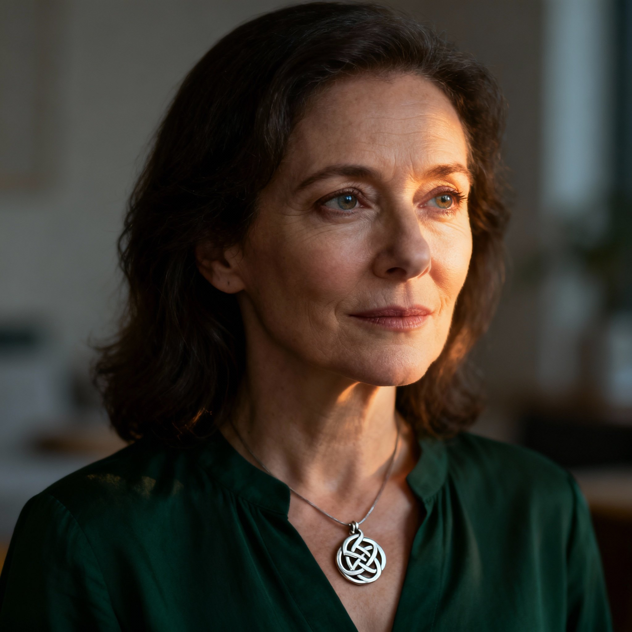 A close-up portrait of a wise and compassionate modern Celtic psychic. Her warm yet firm gaze conveys a deep sense of trust and understanding.