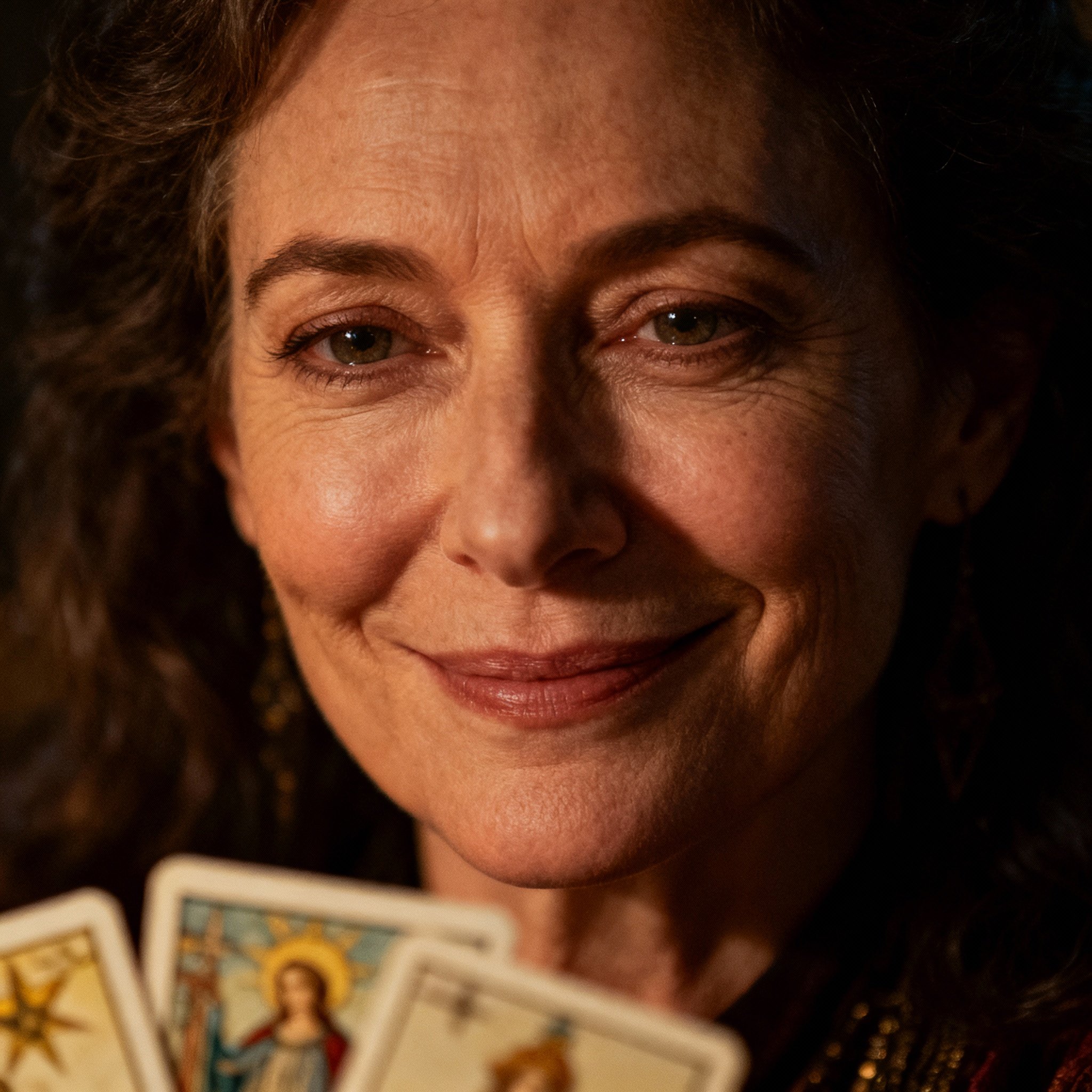A close-up portrait of a kind and friendly female psychic, Evelyne. She has wise eyes, with warm and soft lighting in the background, and Tarot cards are placed in front of her, creating a sense of trust and mystery.