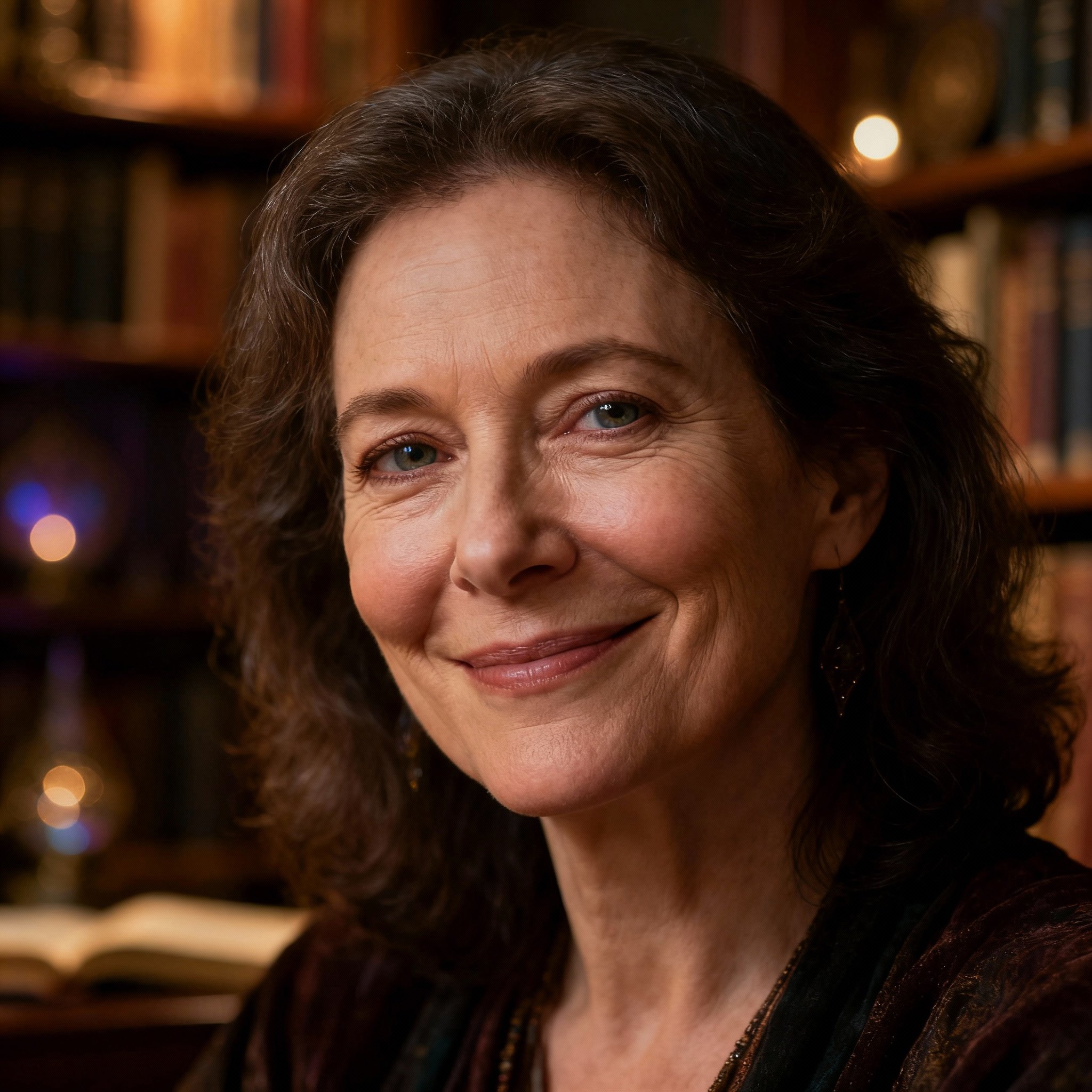 A close-up portrait of the psychic Merlynn, a mature woman with a wise and compassionate expression. Soft window light illuminates her face, with a blurred bookshelf in the background, creating a professional, warm, and trustworthy atmosphere.