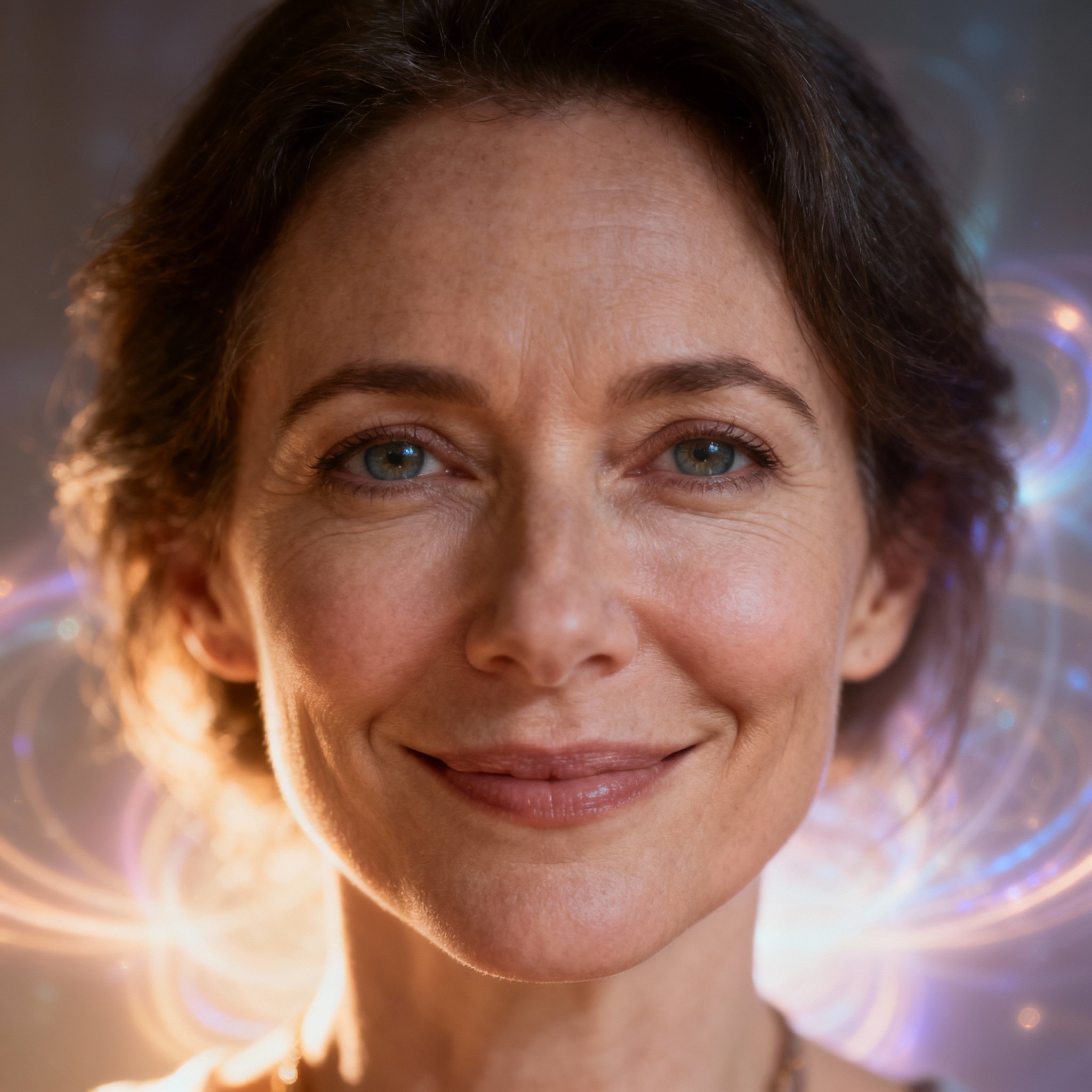 A portrait of a wise and empathetic psychic, her warm gaze conveying a sense of trust, with a soft, glowing background symbolizing her ability to read deep into the soul.