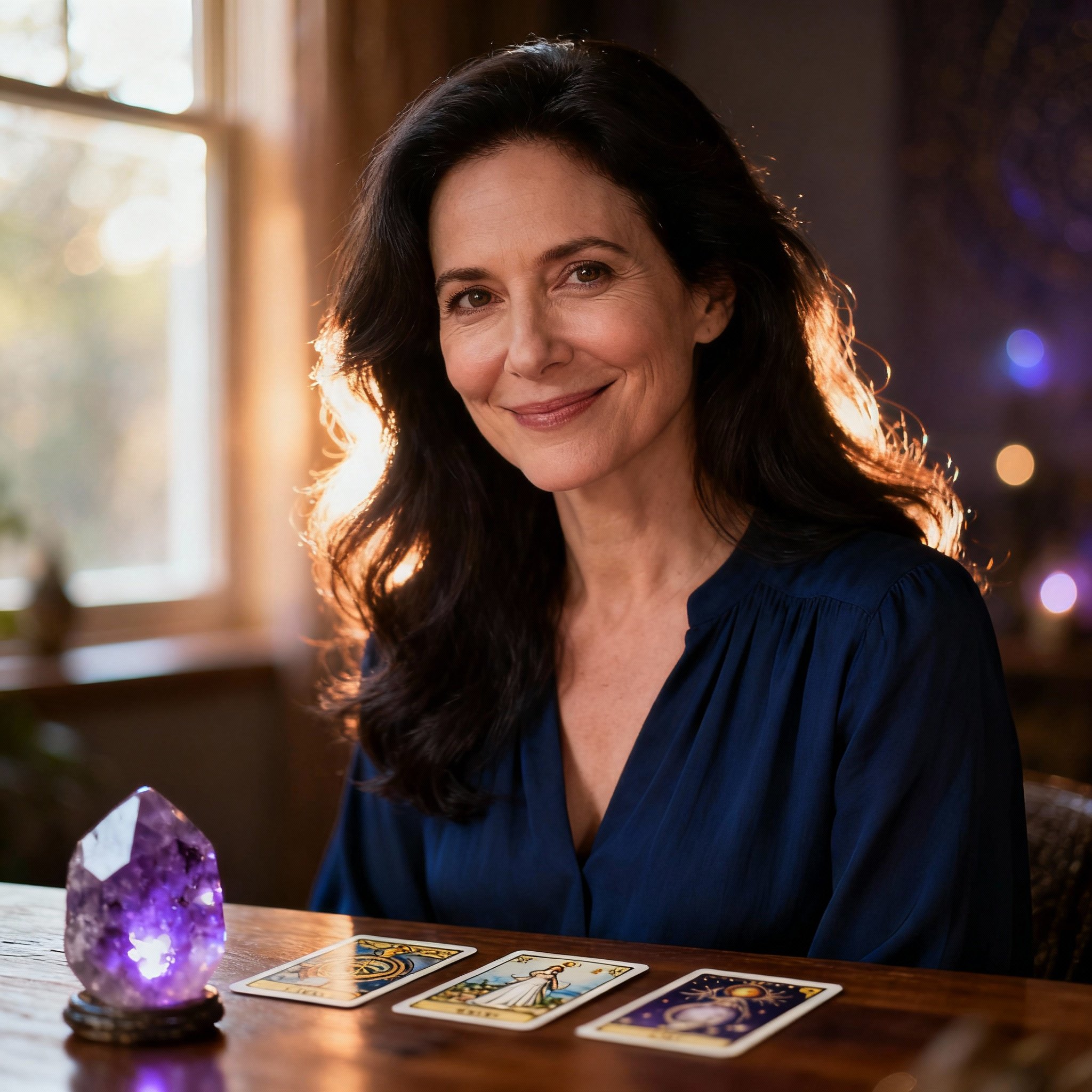 A close-up portrait of Mysticfusion Tarot, a wise and compassionate female psychic with a warm gaze, creating a sense of trust.