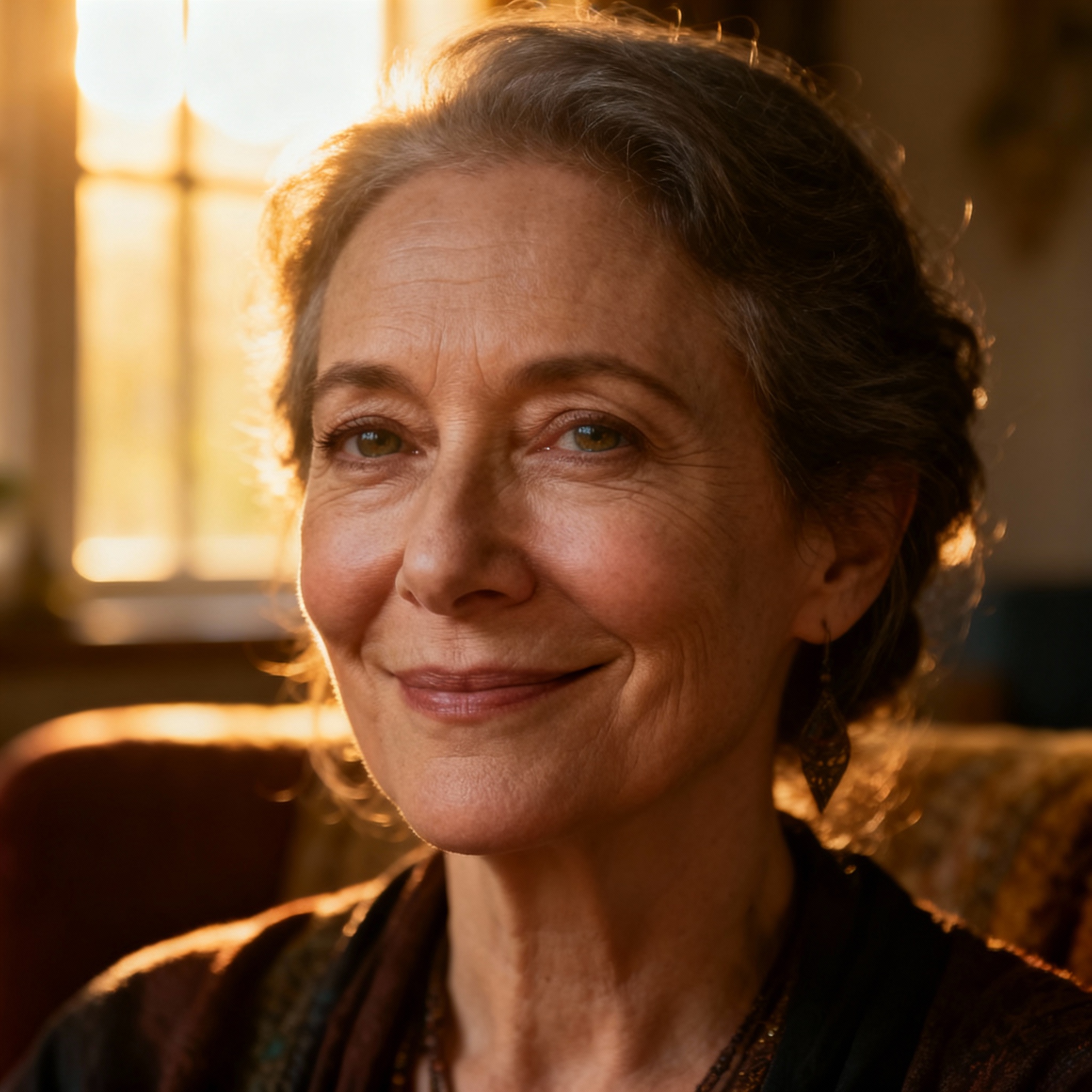 A close-up portrait of a female psychic named Waneetah. She has a warm, wise smile and compassionate eyes, set against a soft-lit, blurred background suggesting a consultation space, creating a strong sense of trust and approachability.