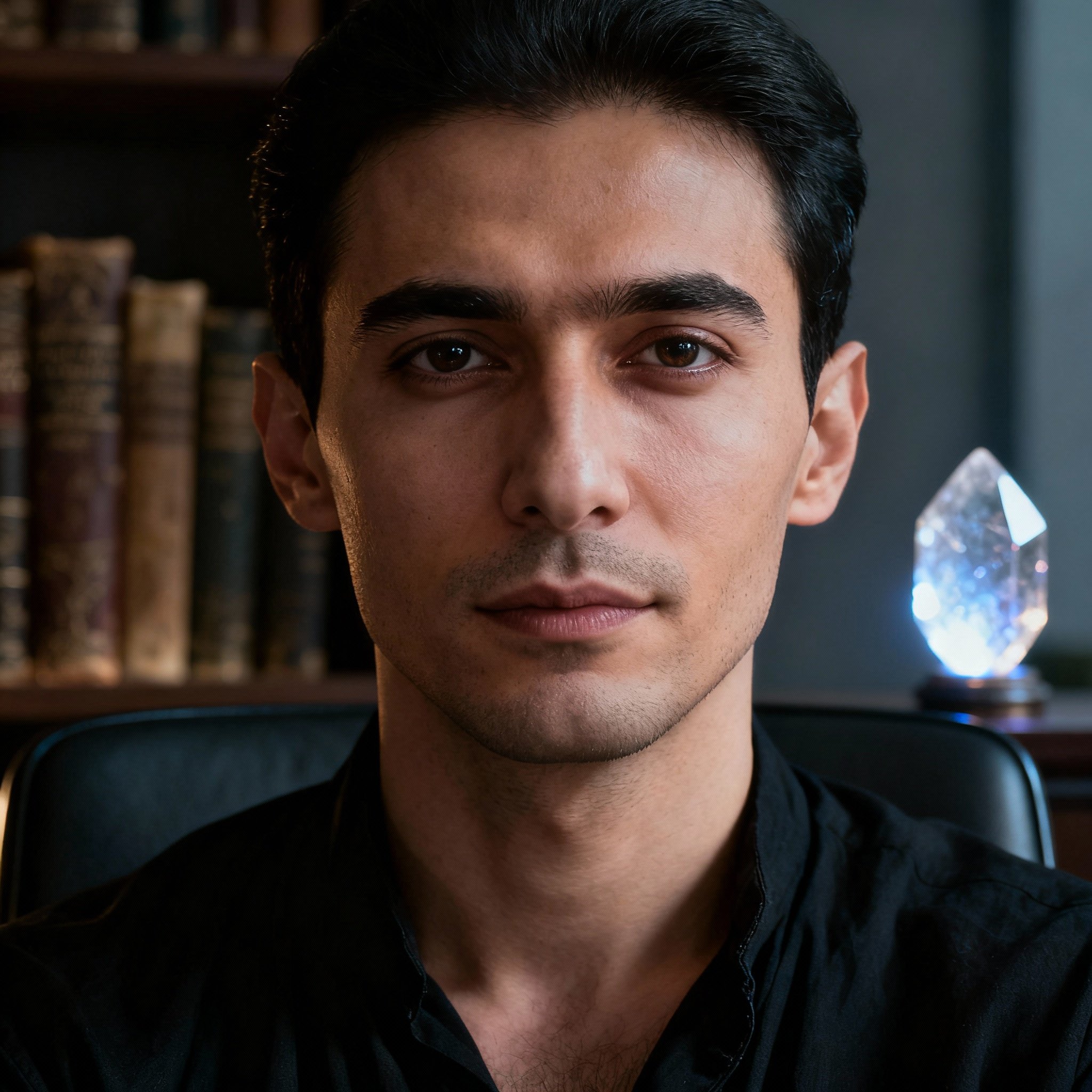 A close-up portrait of psychic Alex Angelo. He is a man who appears wise and compassionate, with soft lighting in the background creating a trustworthy and professional atmosphere.