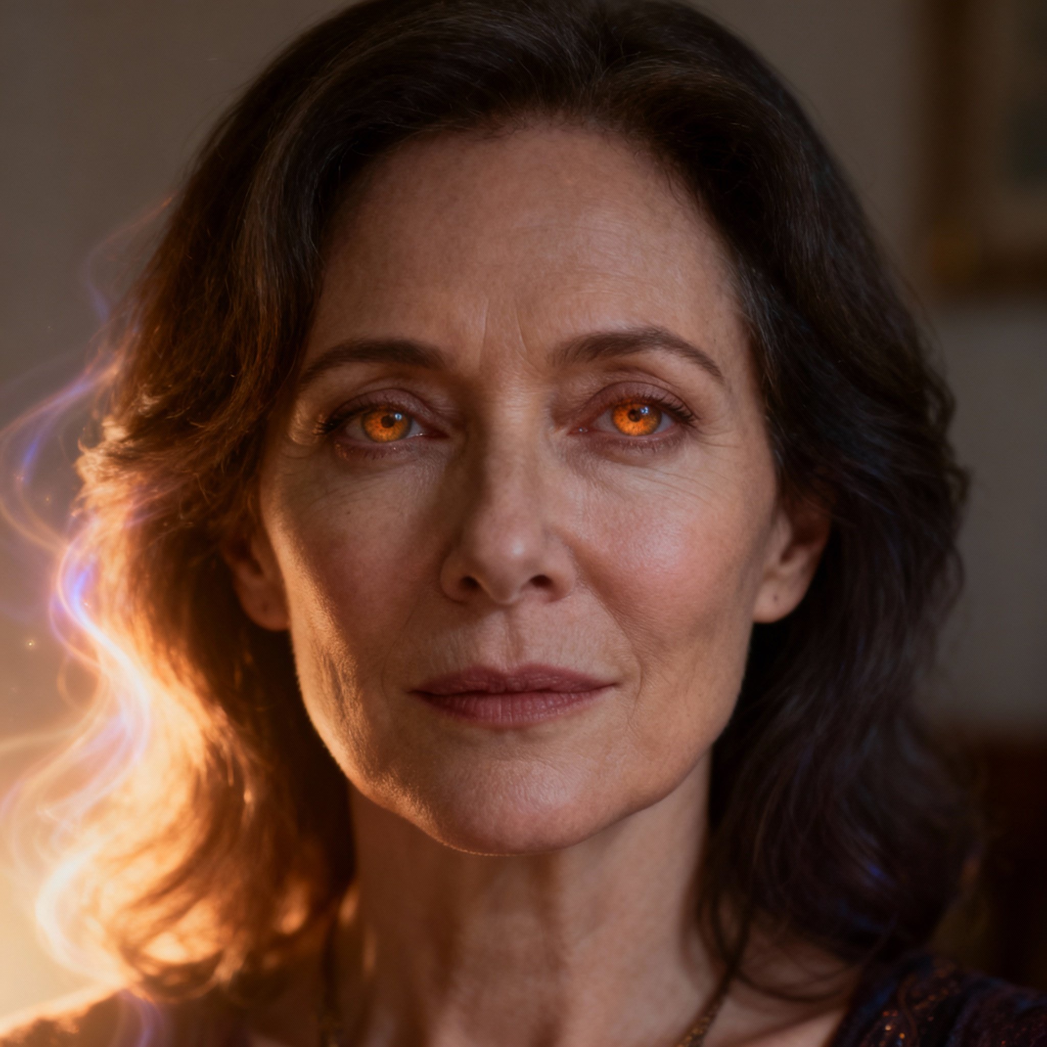 A close-up portrait of a wise and compassionate modern female psychic. She has warm, knowing eyes and looks directly at the camera, creating a sense of trust and deep connection.