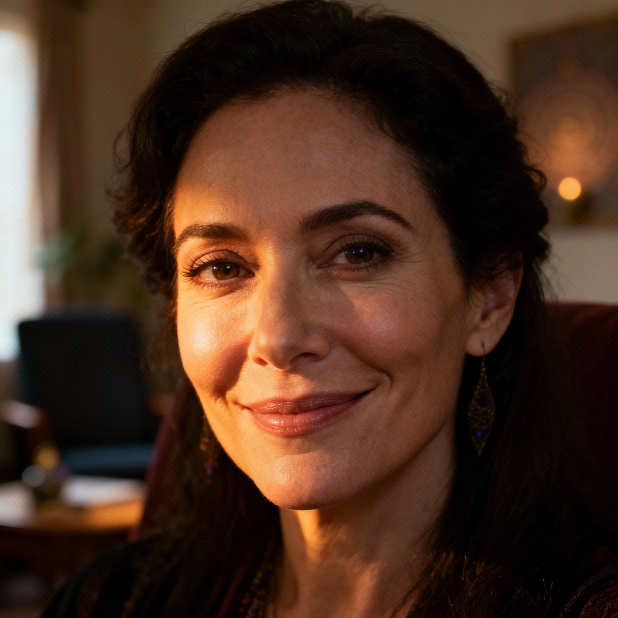 A close-up portrait of a compassionate and trustworthy female psychic expert, Tiffany Luna, with a warm smile and wise eyes.