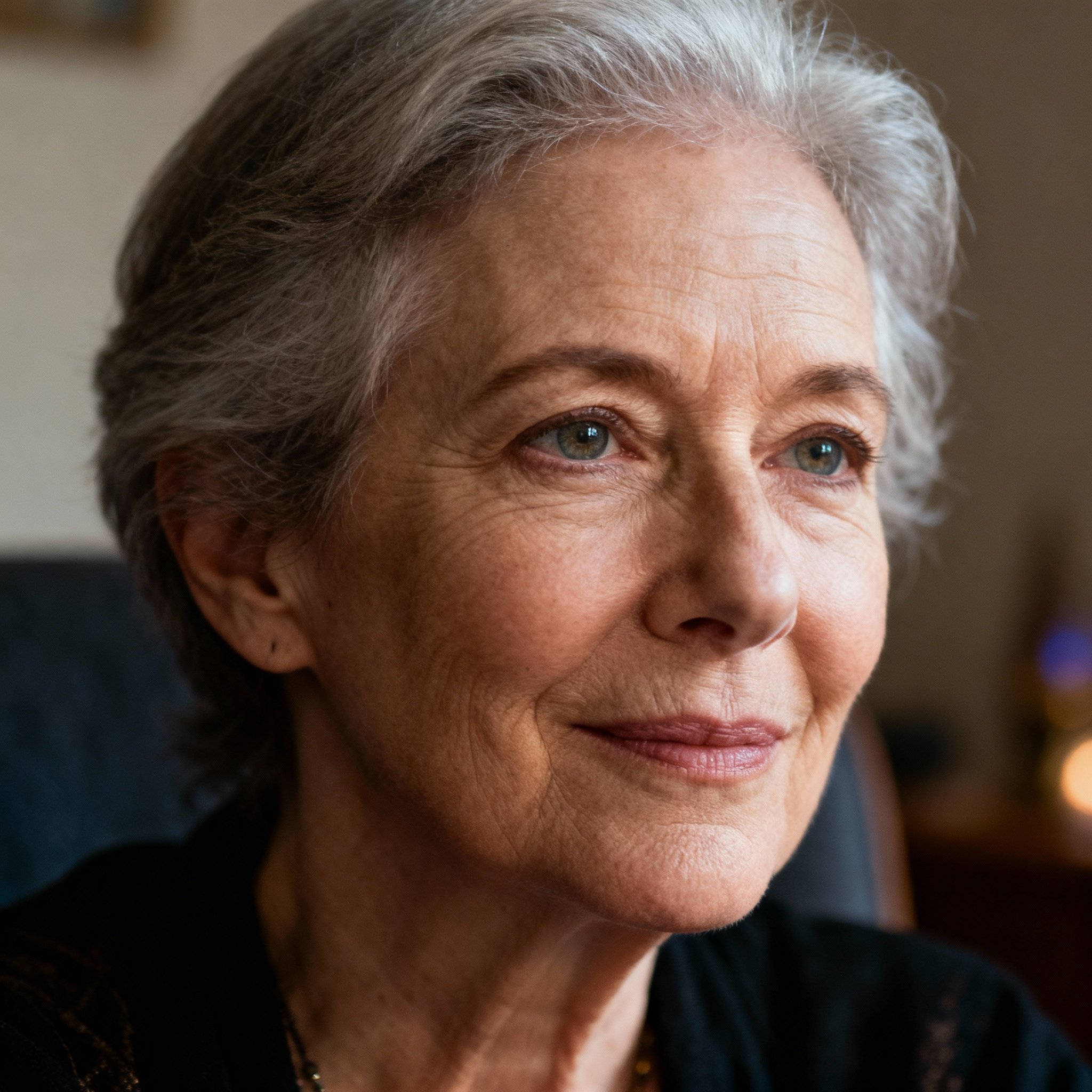 A close-up portrait of a seasoned female psychic with wise and sincere eyes, against a soft background, creating a sense of trust that reflects the persona of MystykalLiz described in the article.