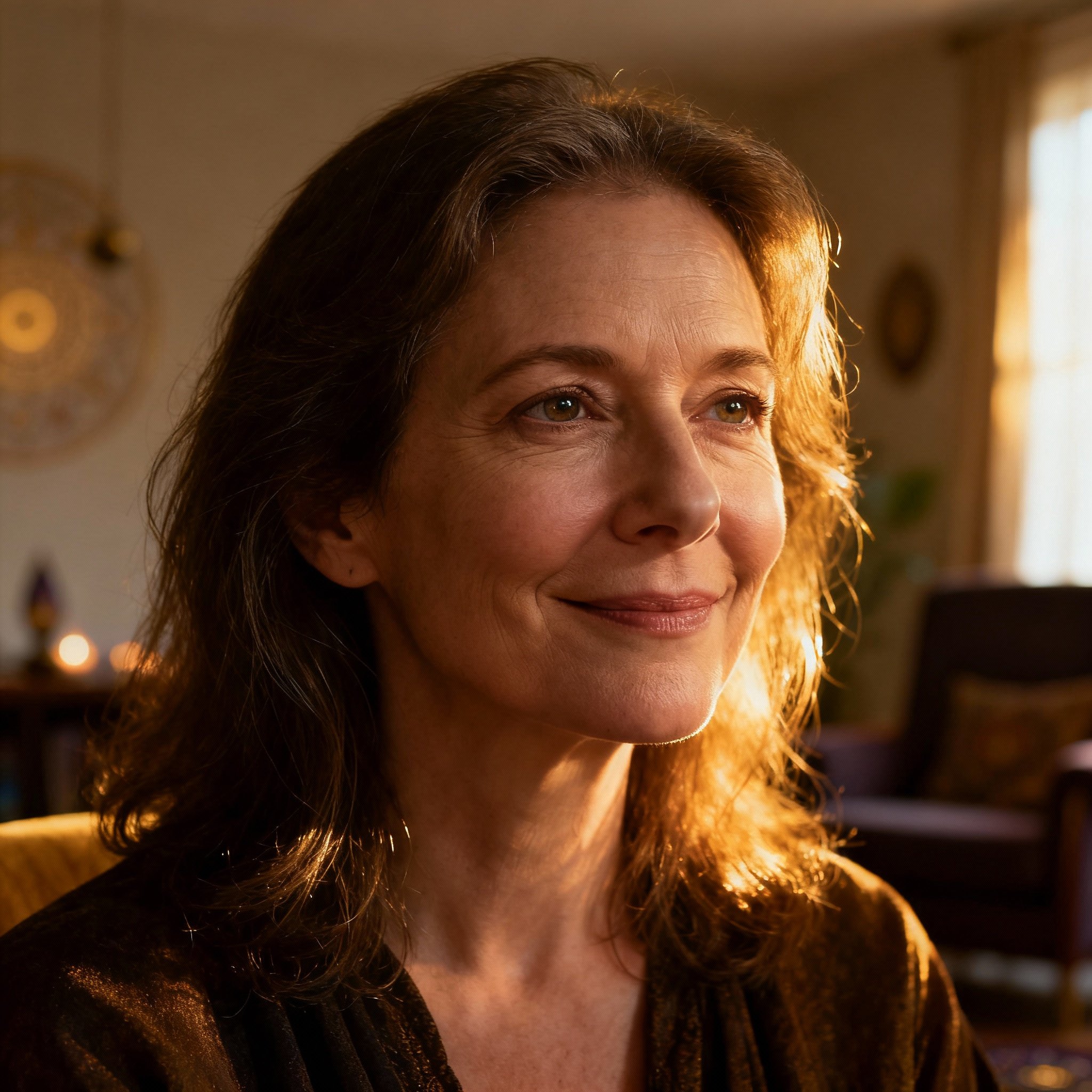 A close-up portrait of a wise and empathetic middle-aged female psychic. Her eyes are knowing yet kind, inspiring trust. The background is soft and she is not using any divination tools, highlighting her pure intuitive ability.