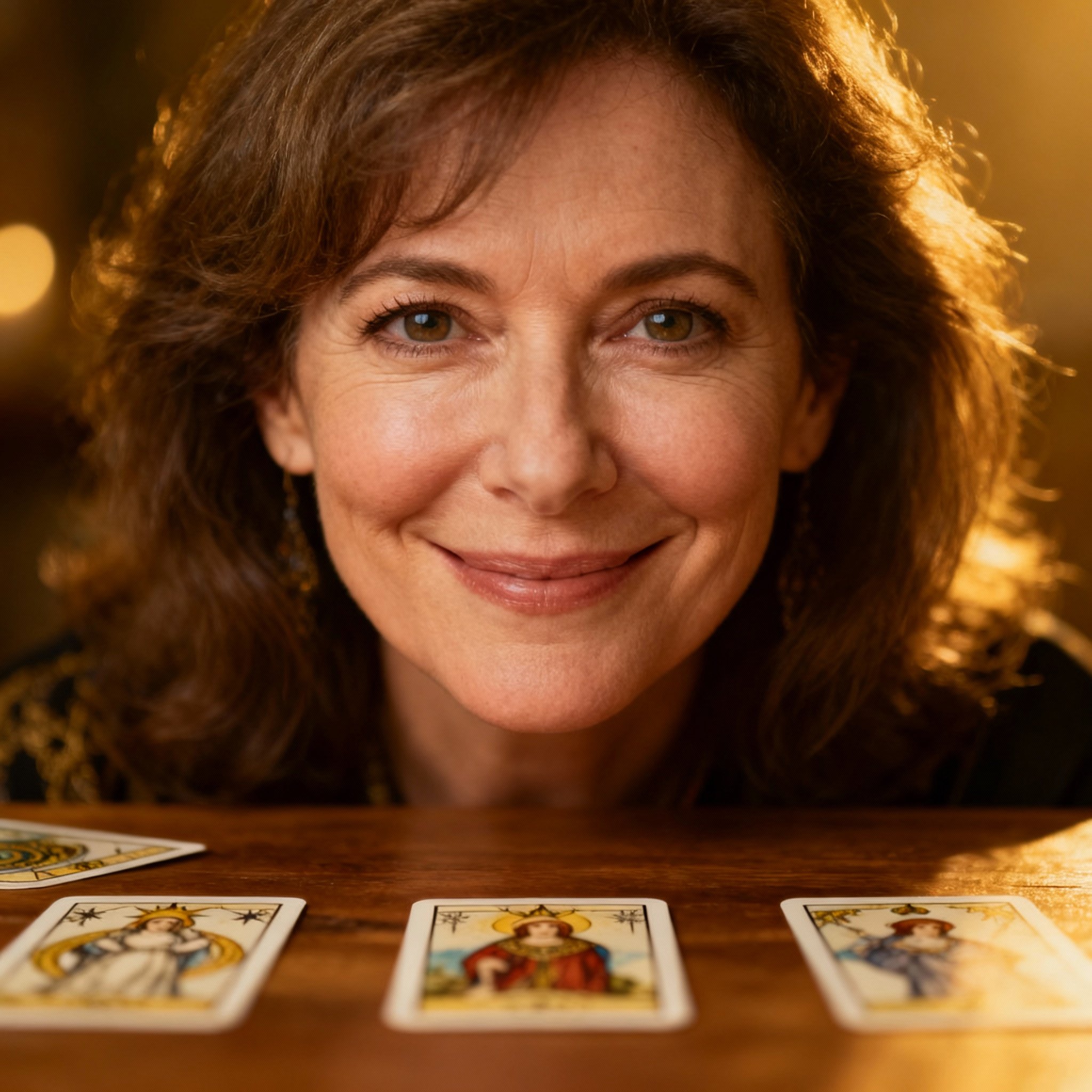 A close-up portrait of Elisa Jayne, a psychic medium, with a warm and wise smile, set against a backdrop of soft light and tarot cards, creating an atmosphere of trust and empathy.