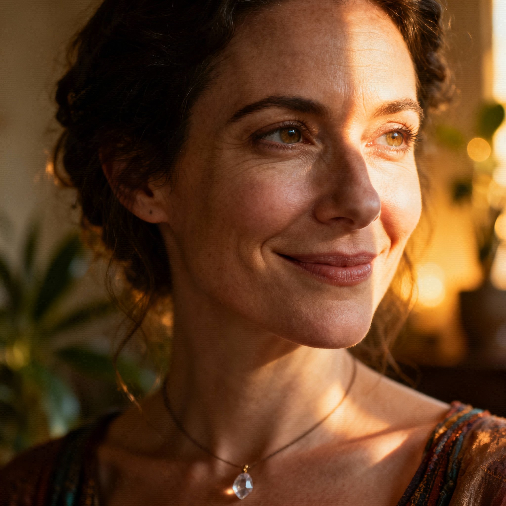A close-up portrait of a psychic named Tabitha Flower, featuring a warm, empathetic smile with soft lighting that creates a sense of trust and serenity.