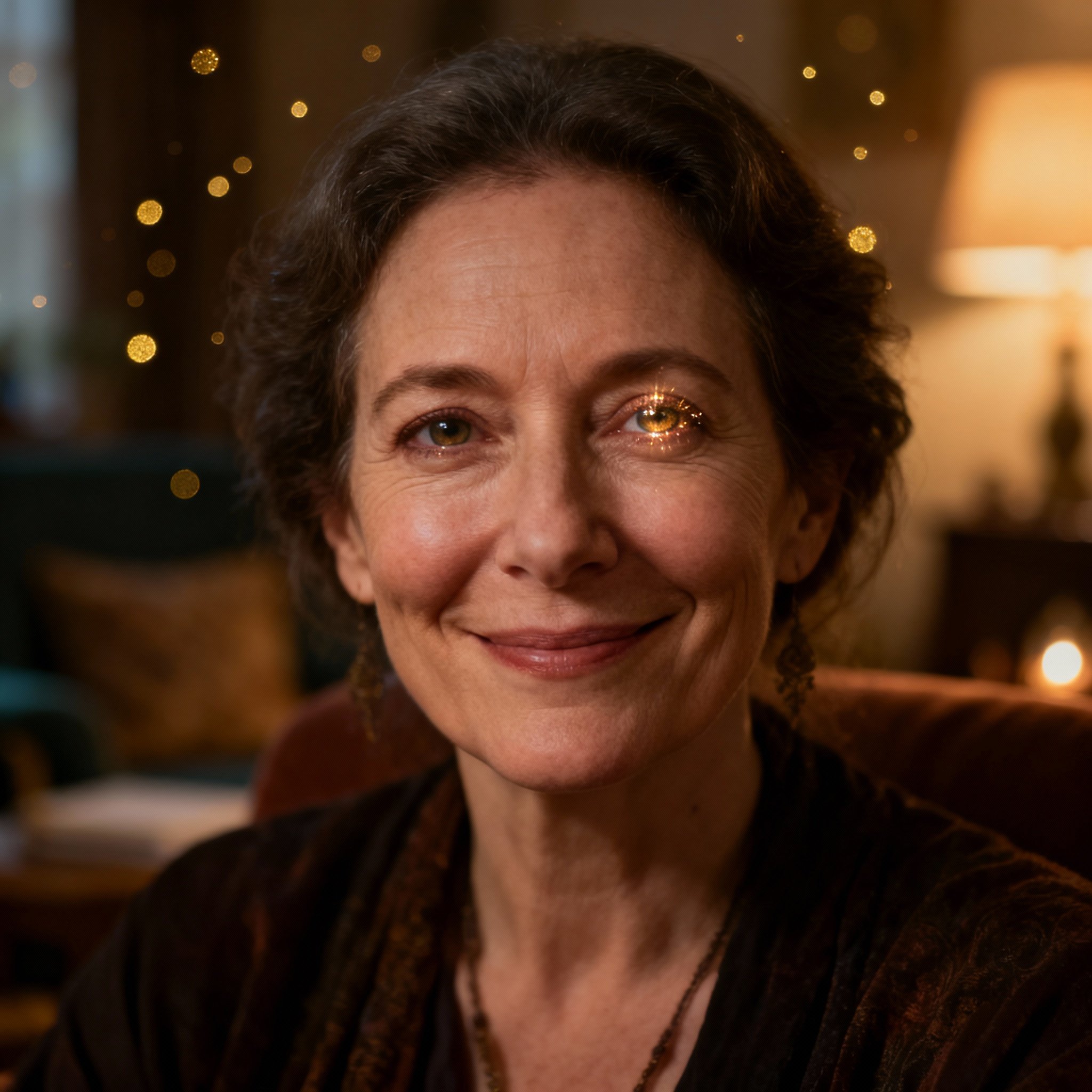 A close-up portrait of a wise and compassionate middle-aged female psychic, whose warm gaze instills a deep sense of trust.