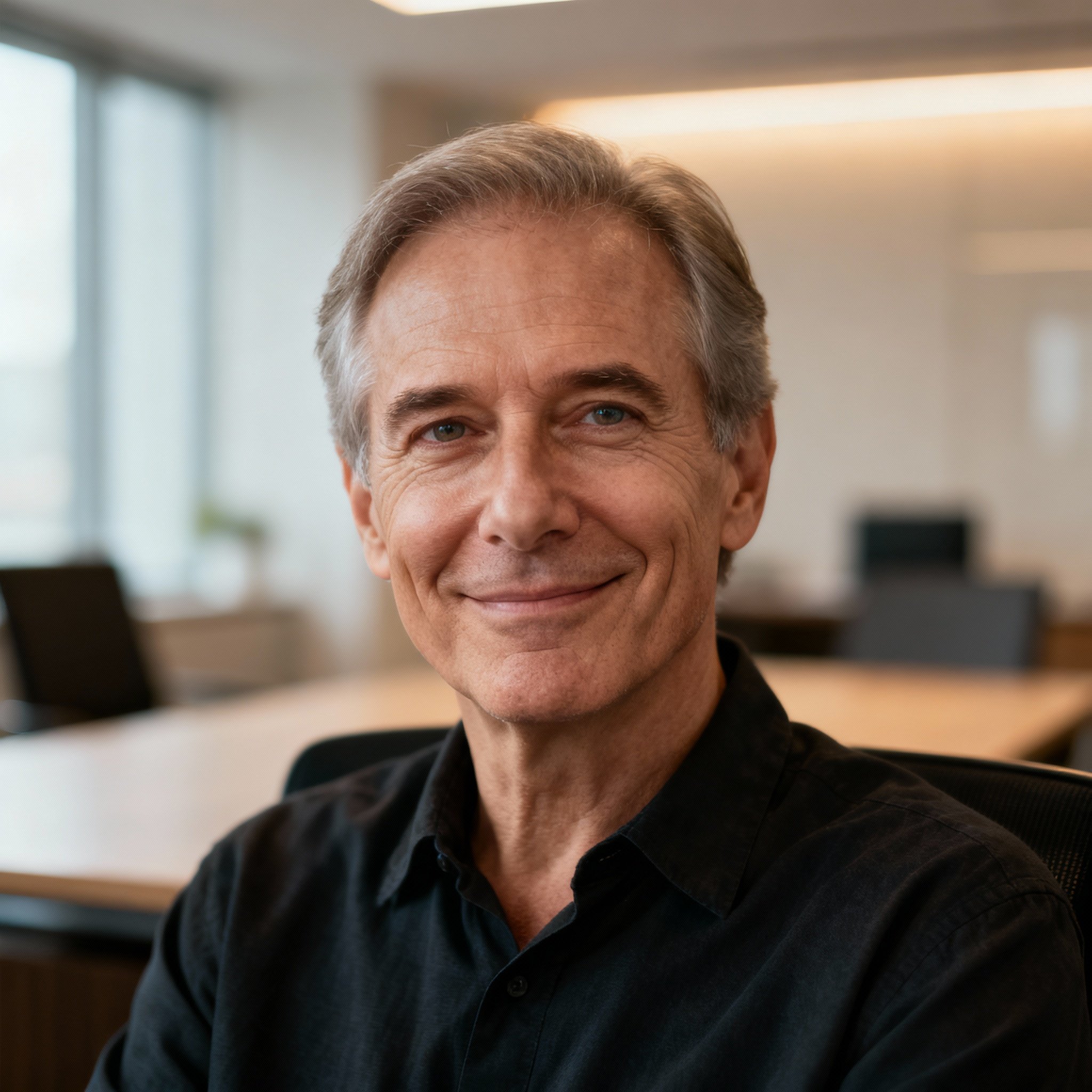A close-up portrait of Psychic Ron, a mature and empathetic male psychic. He looks directly at the camera with wise and warm eyes, set against a softly lit, modern consultation room, creating a sense of trust.