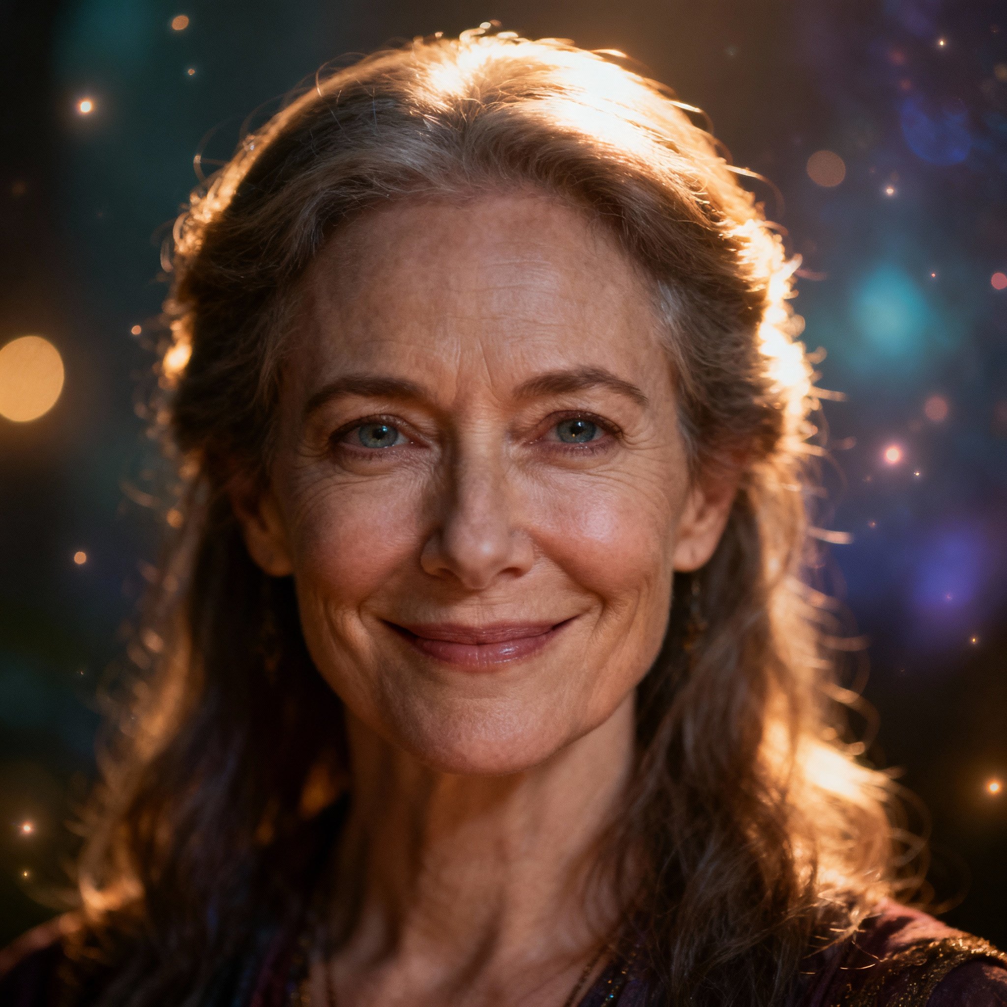 A close-up portrait of psychic SamanthaStar, featuring a warm and compassionate smile with wise eyes, set against a soft, glowing background that evokes a sense of trust and reassurance.
