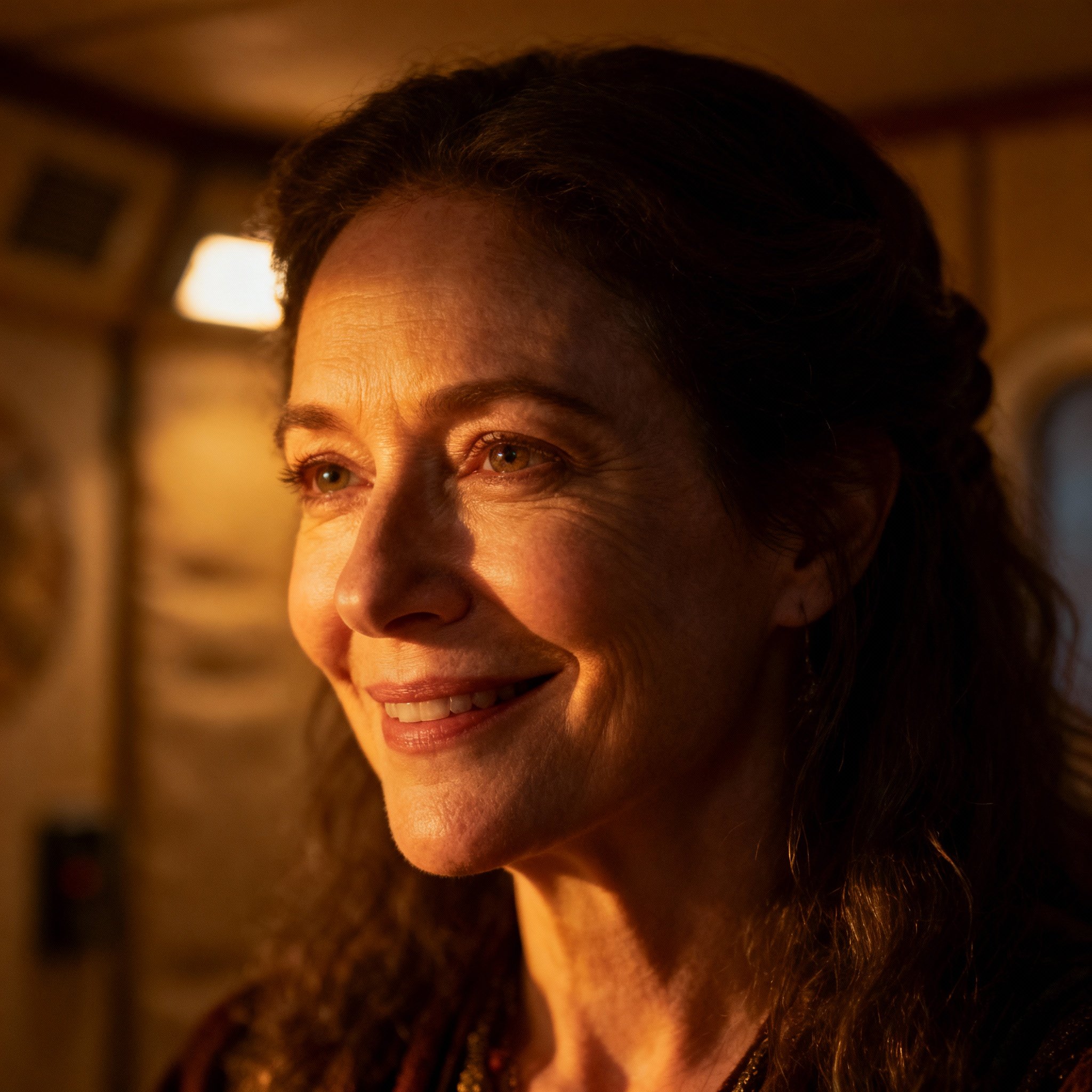 A warm, close-up portrait of psychic Aviva Willow, her eyes filled with compassion and wisdom, with soft lighting that creates a serene and trustworthy atmosphere.