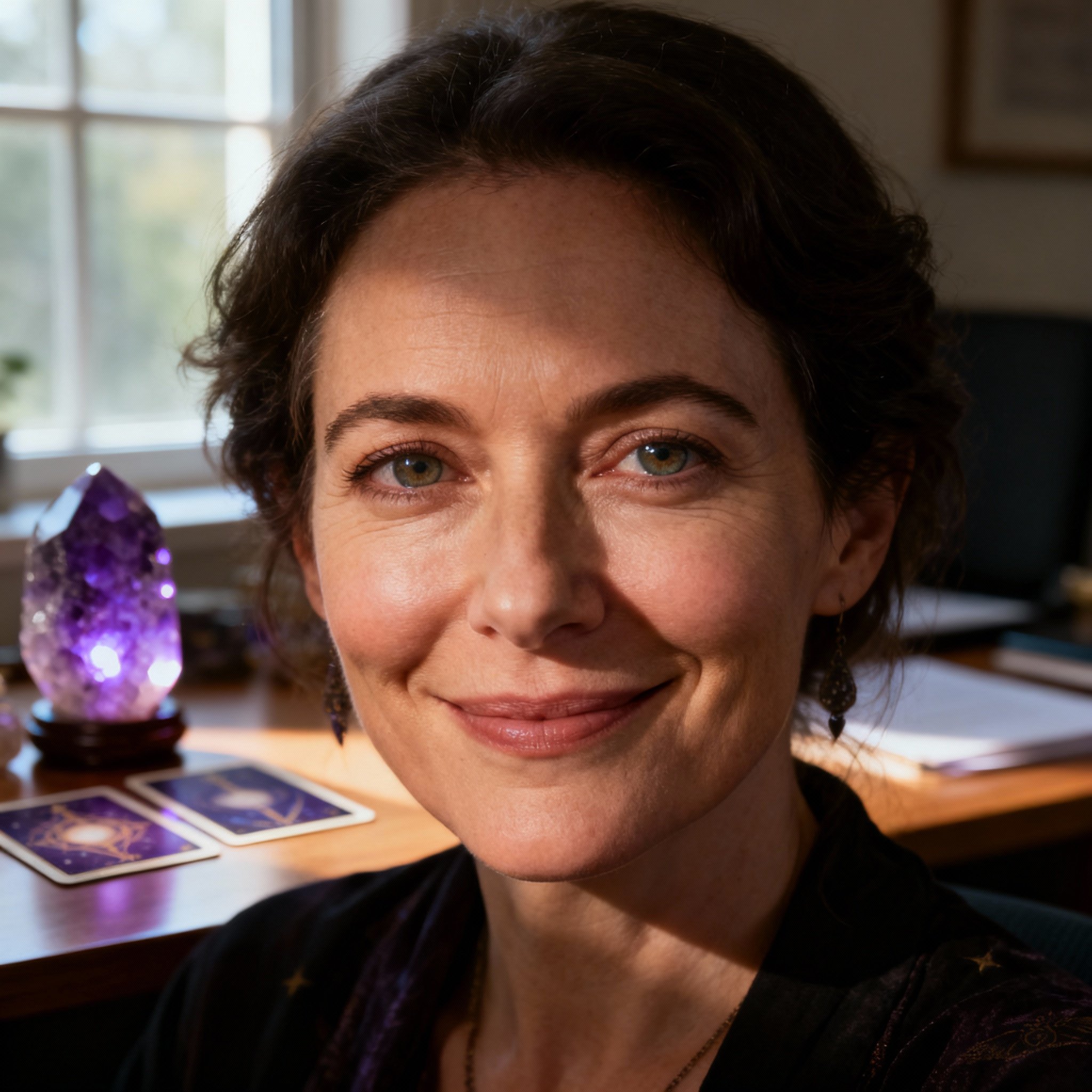 A close-up portrait of Psychic Birdy, featuring a warm and sincere smile with empathetic eyes. The background softly includes crystals and oracle cards, creating a professional and trustworthy atmosphere.