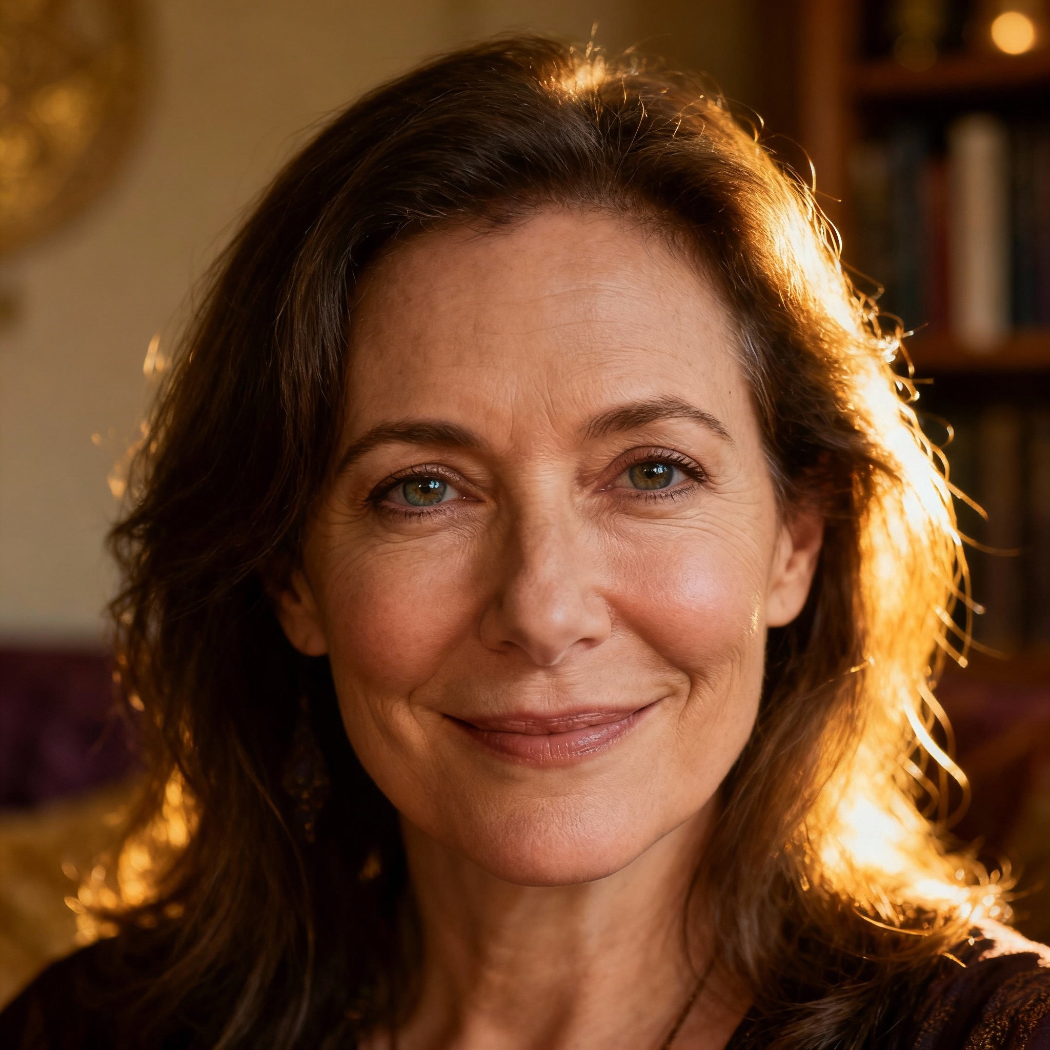 A close-up portrait of a psychic, Heather Ashera, with a warm, compassionate smile and a soft background, creating an atmosphere of trust and wisdom.