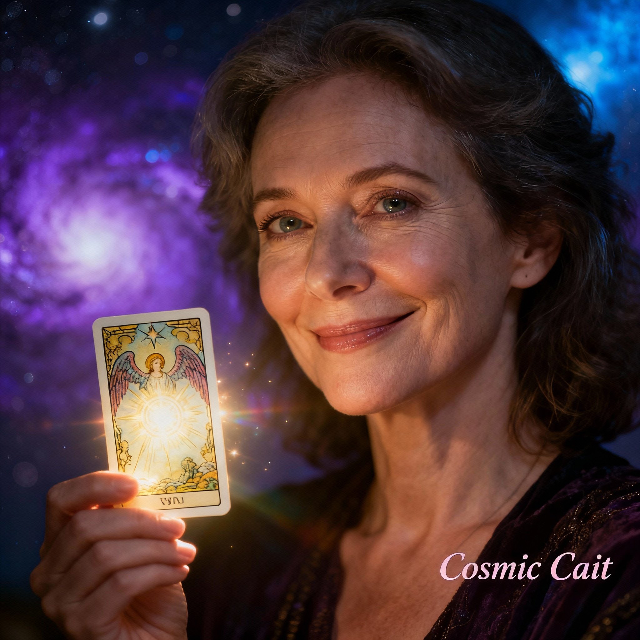 A close-up portrait of a female psychic named Cosmic Cait. She has a wise and compassionate expression, set against a soft cosmic nebula background, gently touching glowing tarot cards, creating a sense of trust.