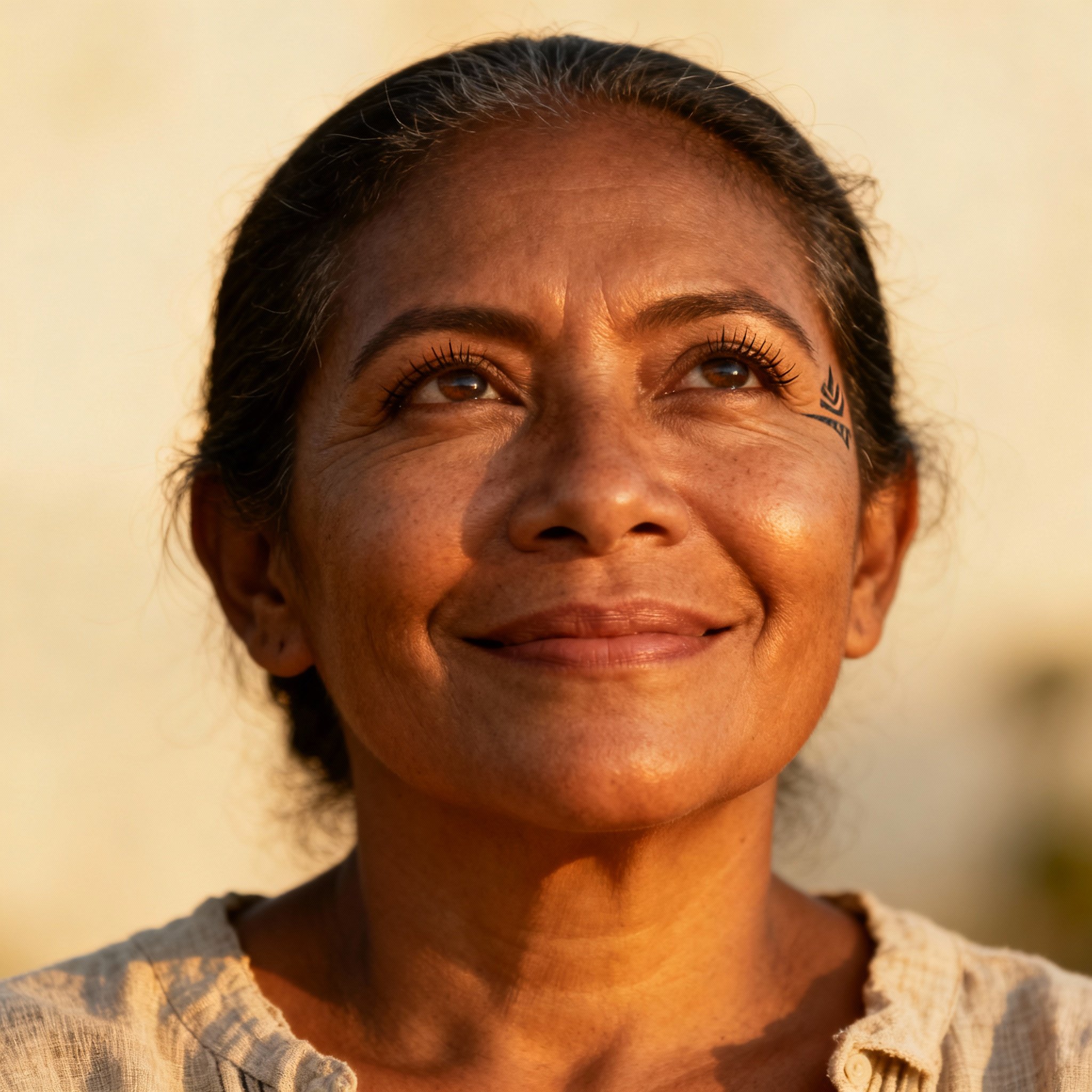 A portrait of a warm, compassionate female psychic, her eyes full of wisdom, with a soft background creating a sense of trust. She has features of a Panamanian Kuna Indian, representing a deep spiritual heritage.