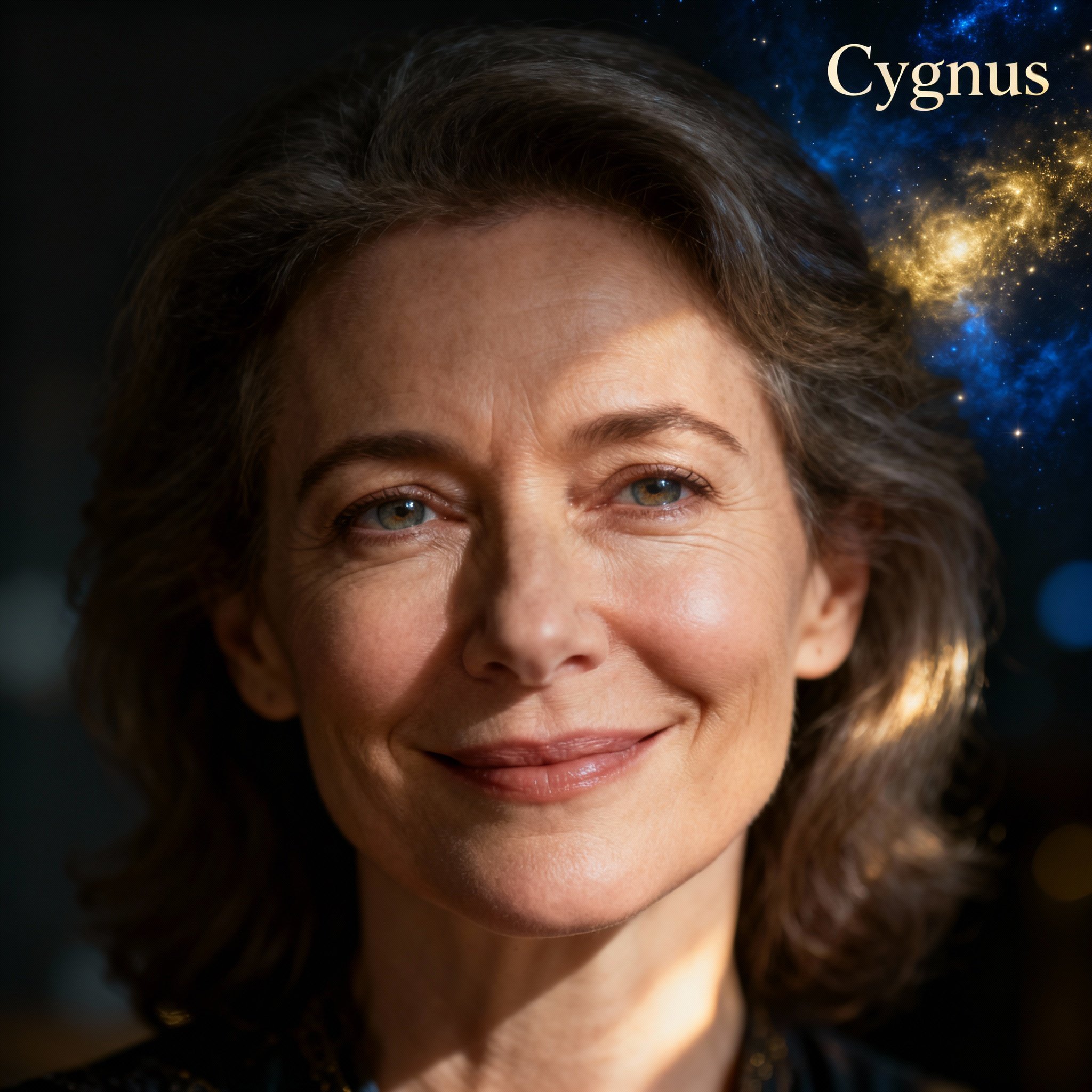 An elegant close-up portrait of a psychic named Cygnus. She exudes warmth, confidence, and empathy, with soft lighting highlighting her wise eyes. A subtle cosmic background hints at her name, creating a sense of trustworthy professionalism.